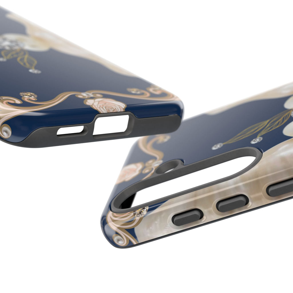 Navy Pearl & Diamond Phone Case — Elegant Floral Baroque Tough Case