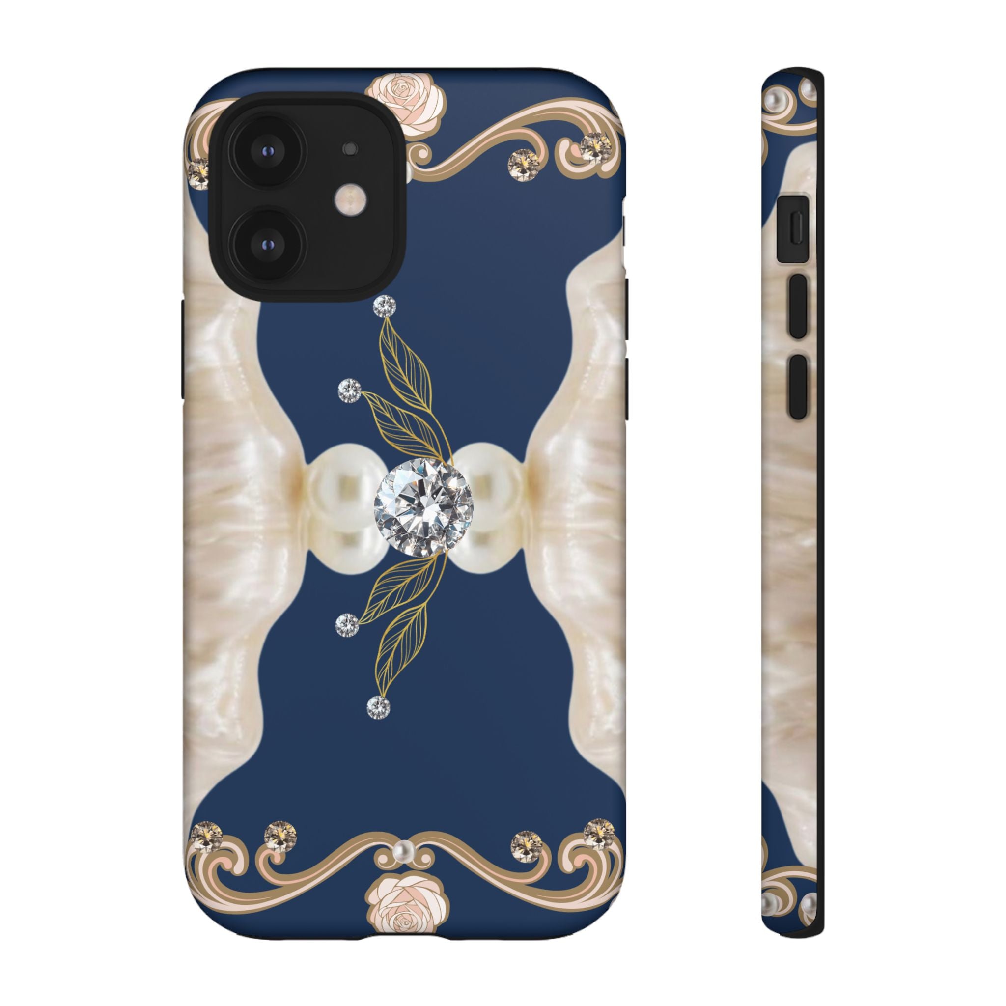 Navy Pearl & Diamond Phone Case — Elegant Floral Baroque Tough Case