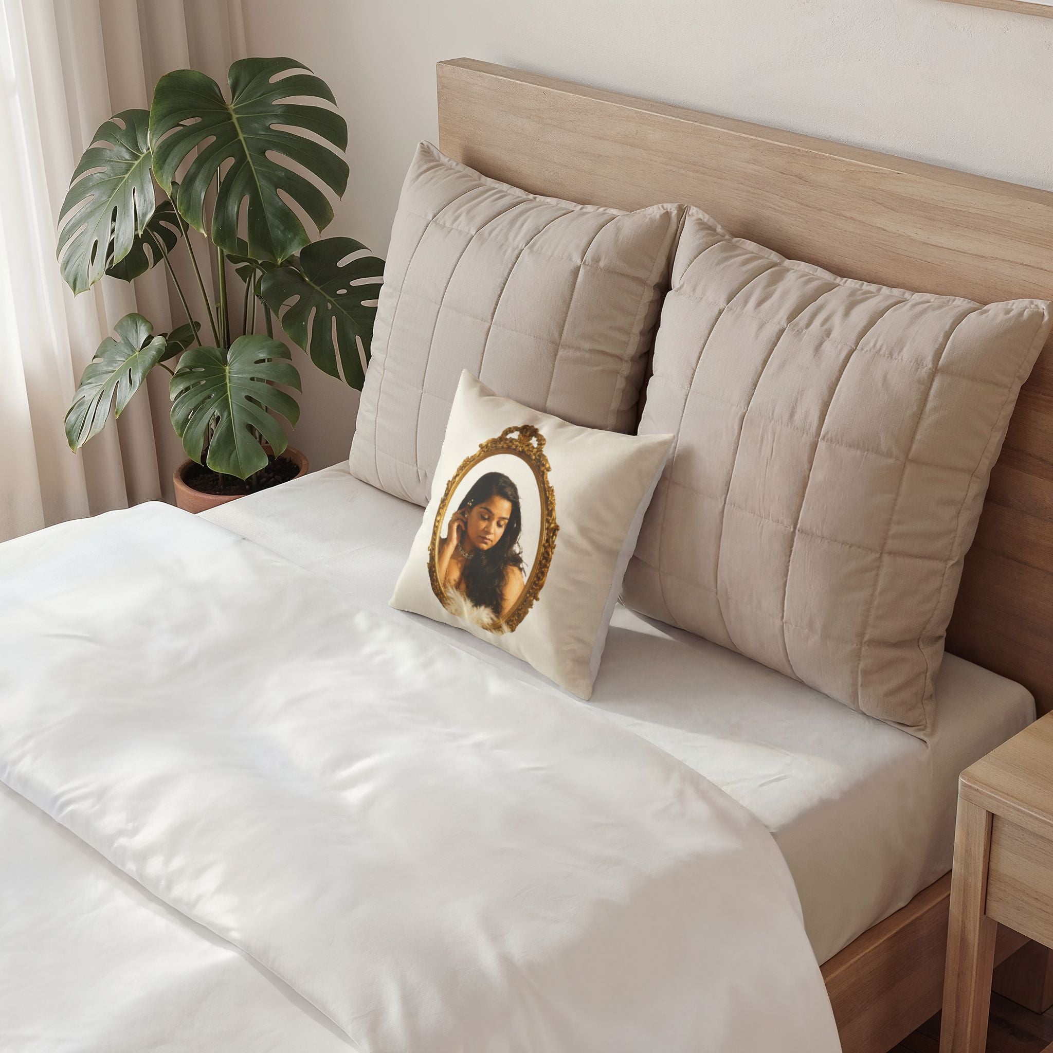 Vintage Portrait Velvet Pillow — Ornate Gold Frame Decorative Throw Pillow