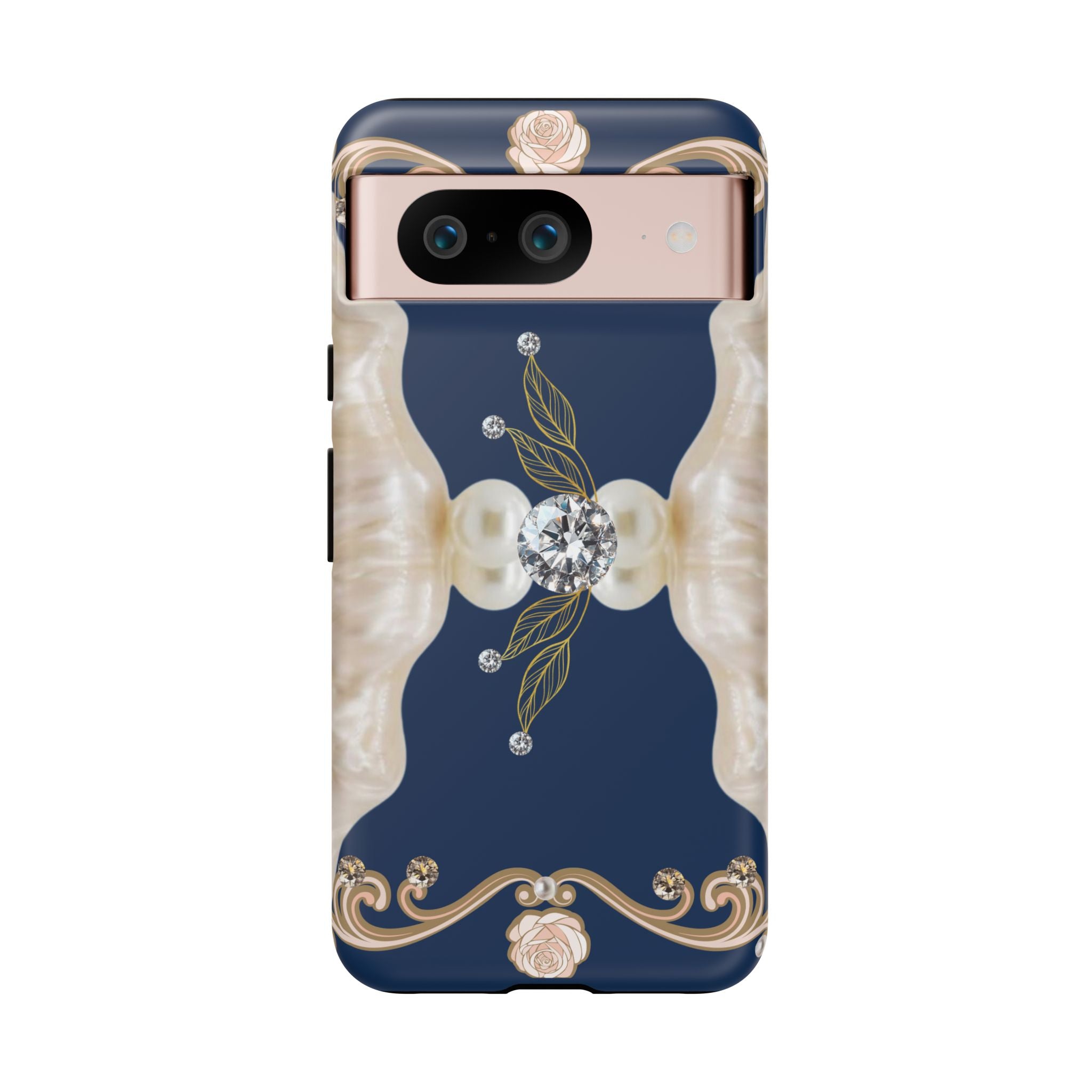 Navy Pearl & Diamond Phone Case — Elegant Floral Baroque Tough Case