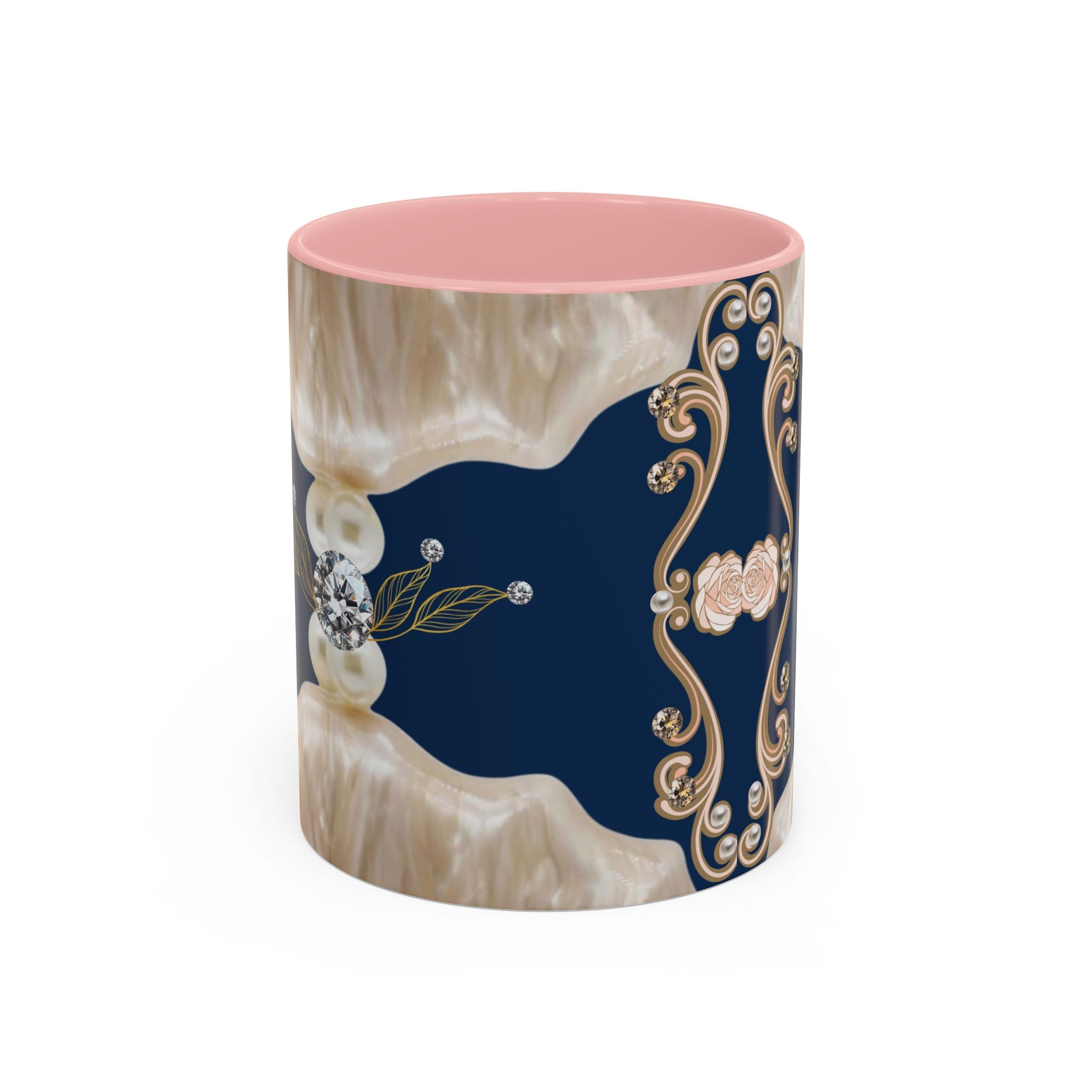 Elegant Navy Pearl Accent Coffee Mug - Vintage Baroque Floral Design (11/15oz)