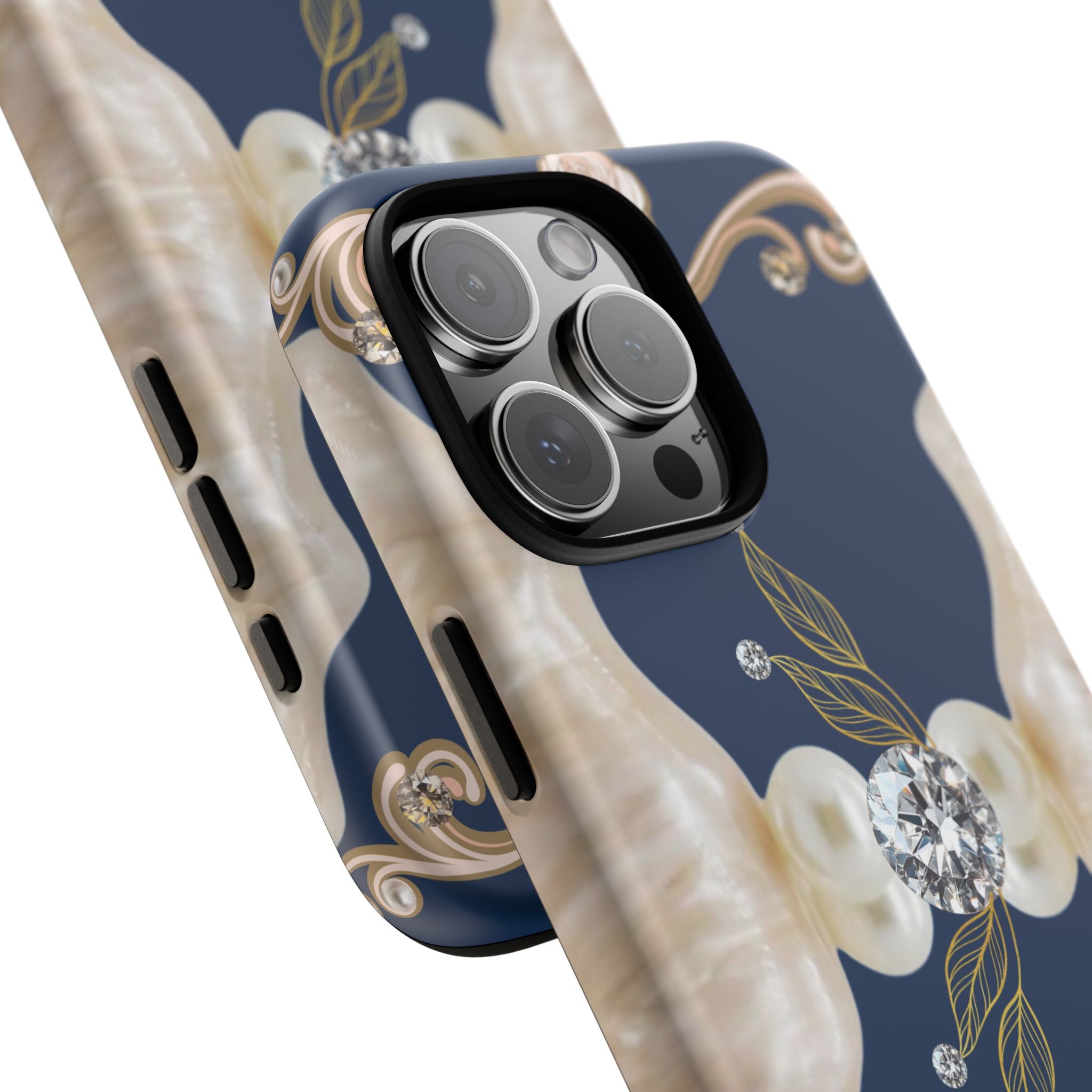 Navy Pearl & Diamond Phone Case — Elegant Floral Baroque Tough Case