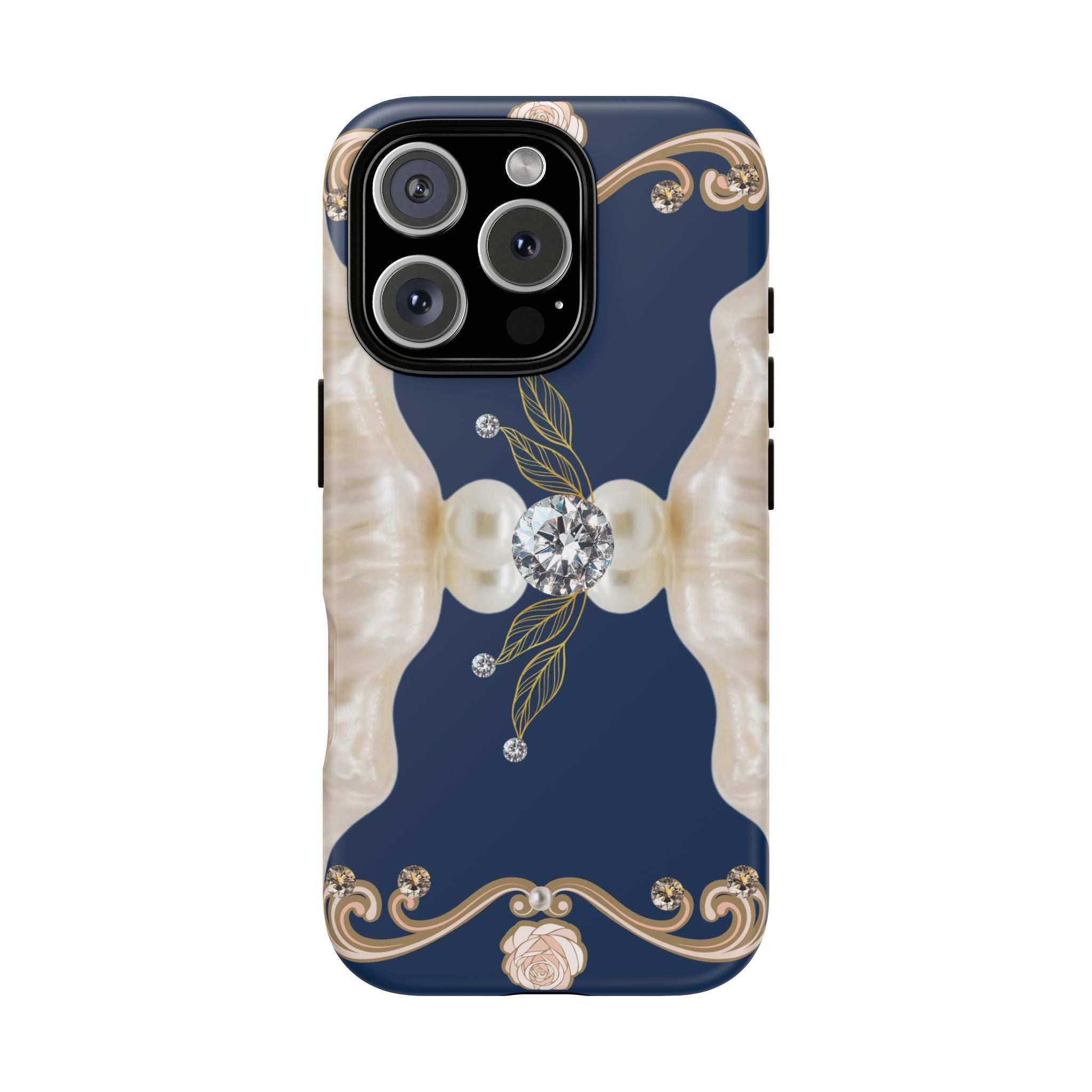Navy Pearl & Diamond Phone Case — Elegant Floral Baroque Tough Case