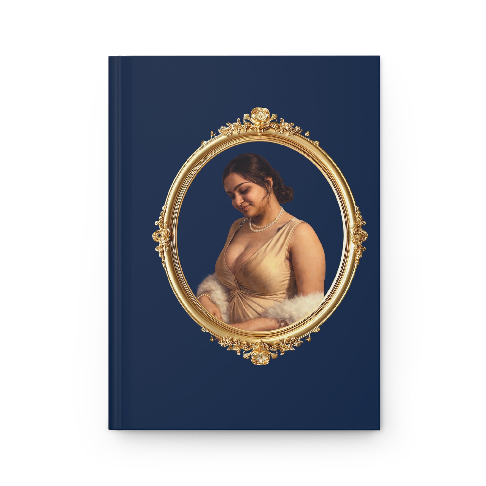 Vintage Portrait Hardcover Journal — Elegant Navy Gold Frame & Pearl Motif