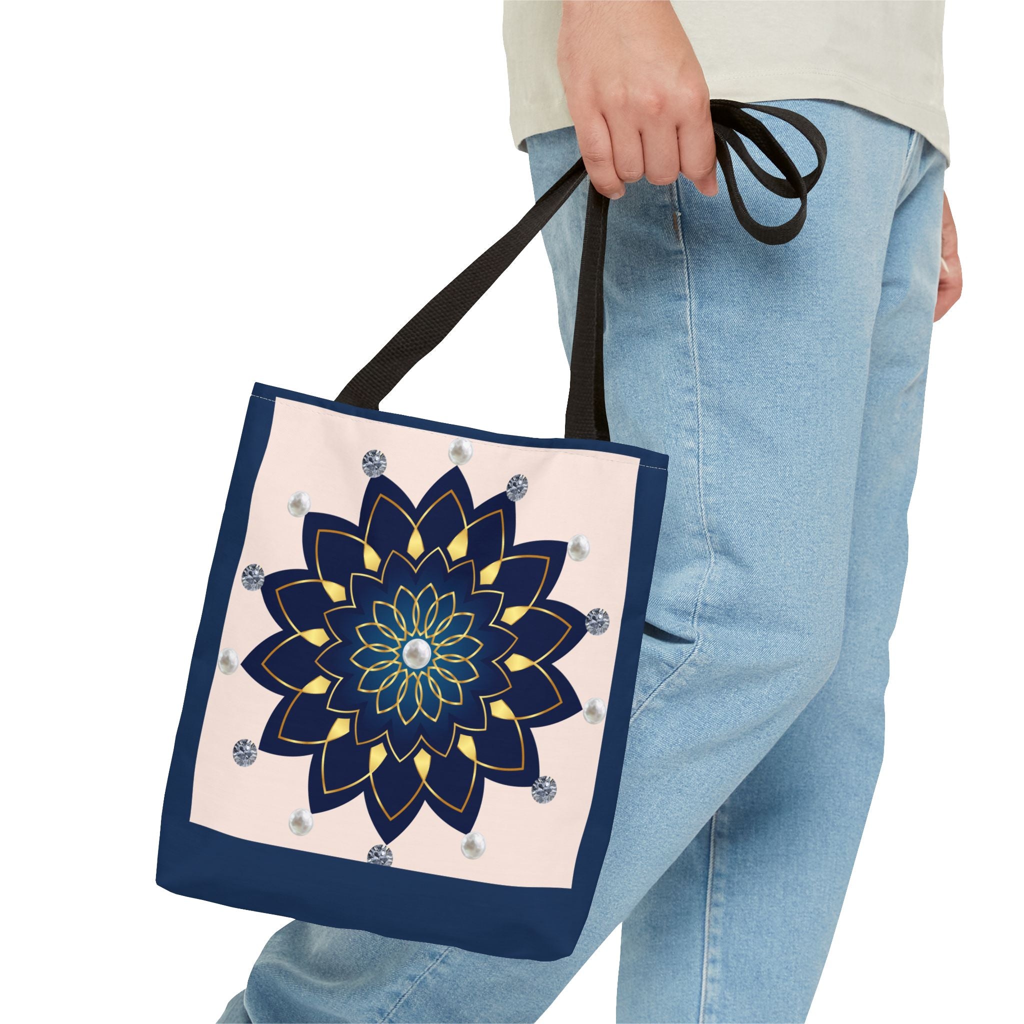 Mandala Floral Tote Bag — Navy 'Love, [Signature]' All-Over Print