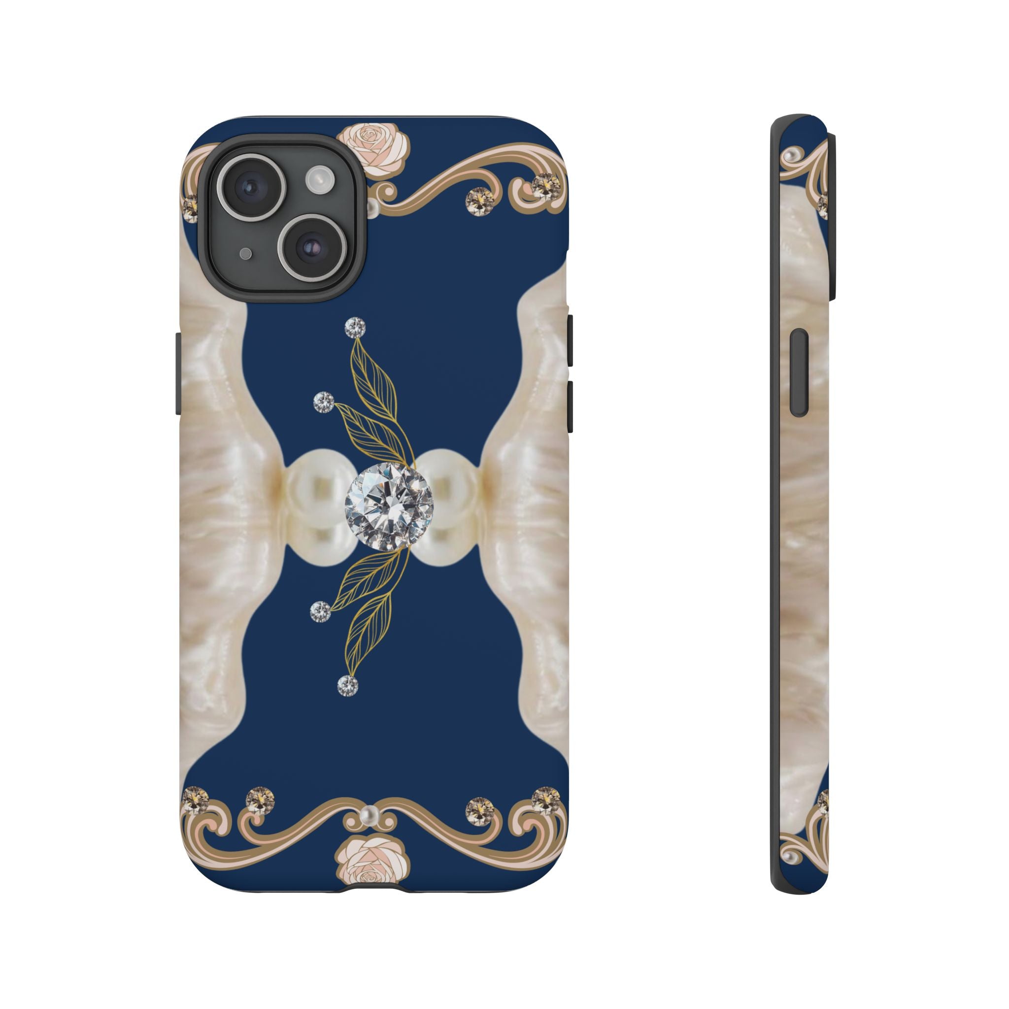 Navy Pearl & Diamond Phone Case — Elegant Floral Baroque Tough Case