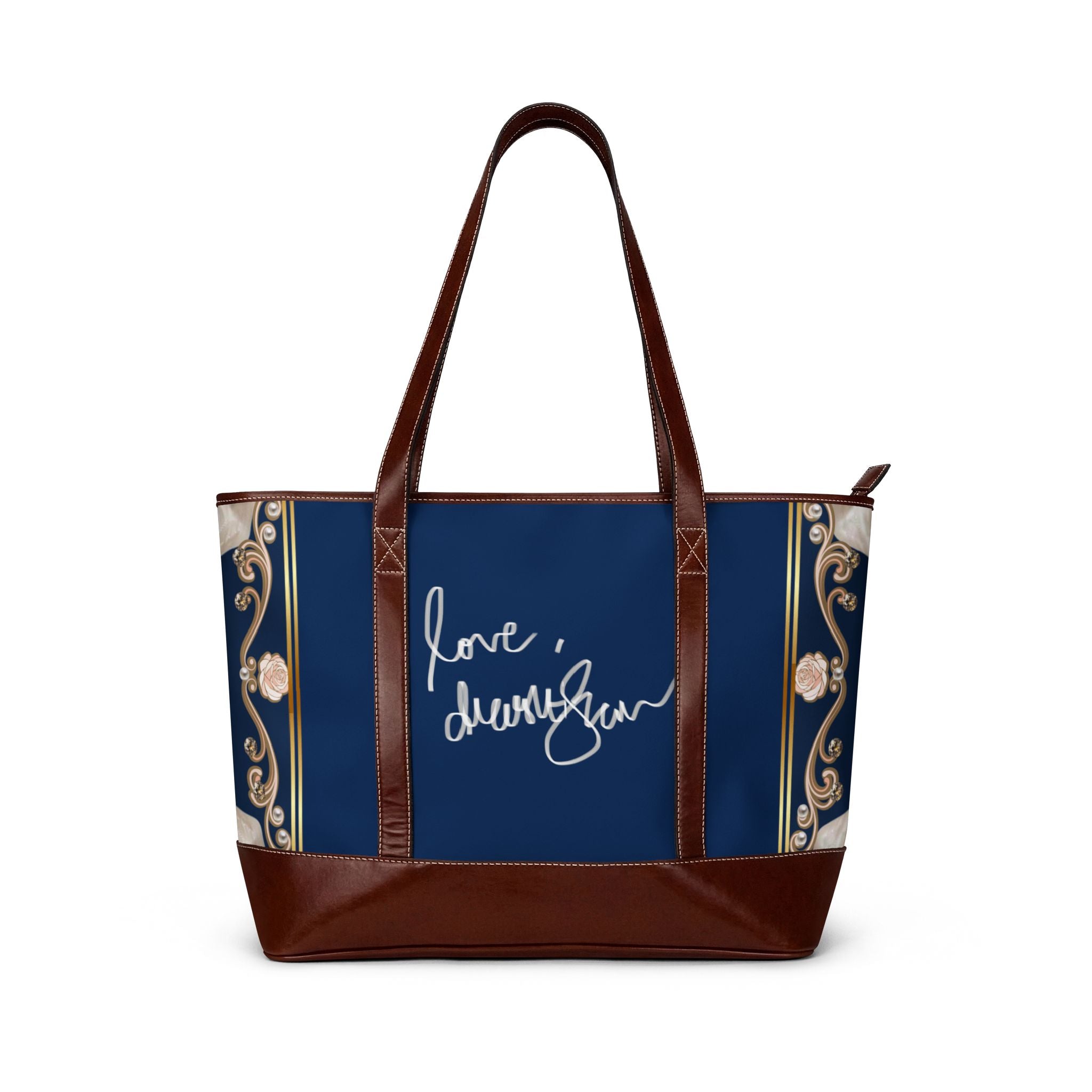 Vintage Cherub Tote Handbag — 'Love, [Signature]' Navy Baroque Shoulder Bag