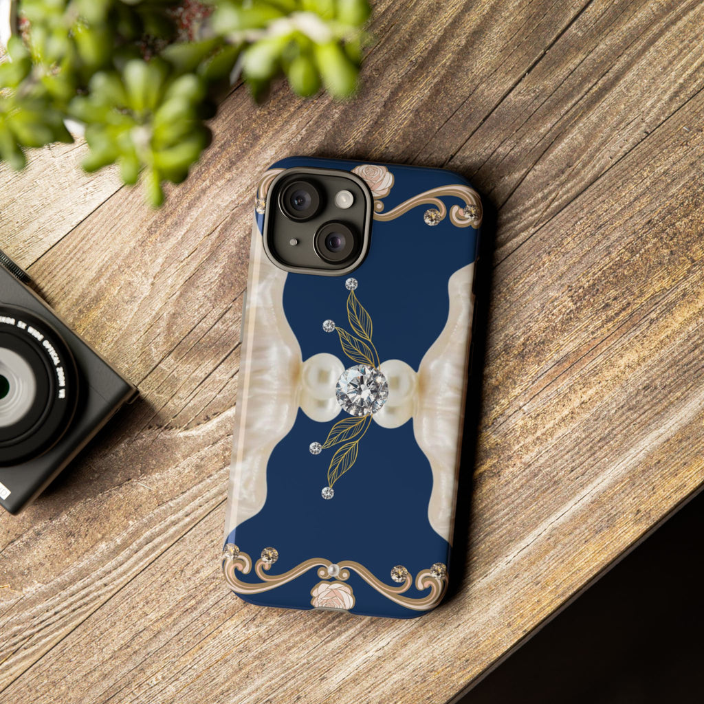 Navy Pearl & Diamond Phone Case — Elegant Floral Baroque Tough Case