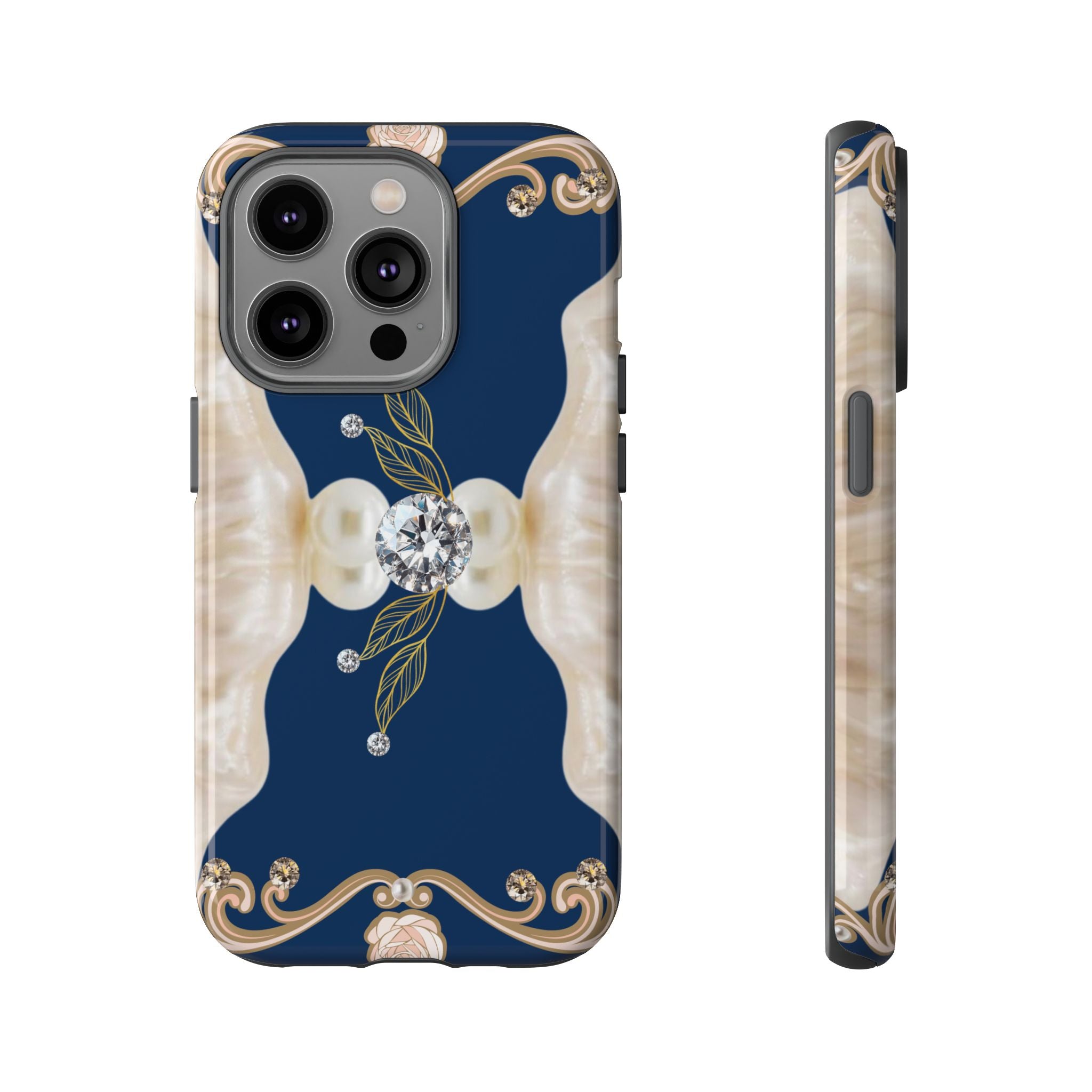 Navy Pearl & Diamond Phone Case — Elegant Floral Baroque Tough Case