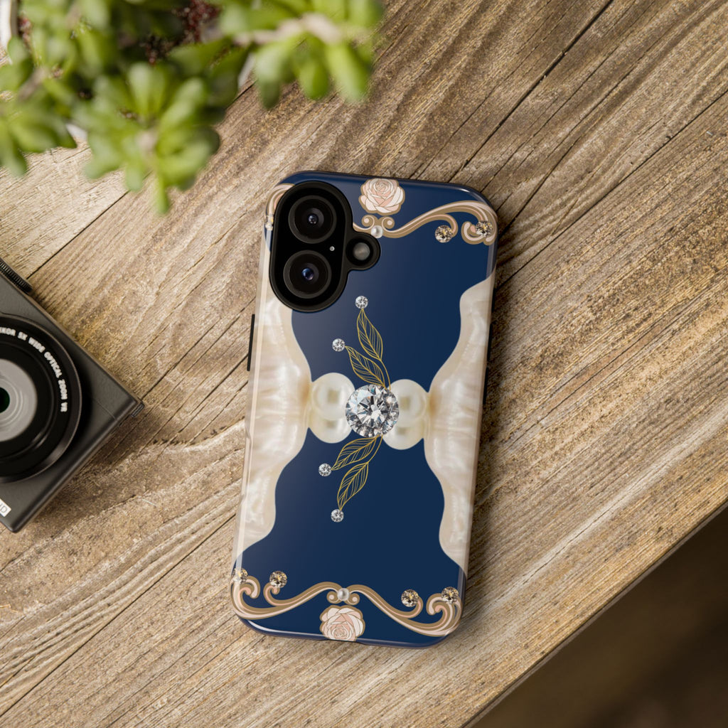 Navy Pearl & Diamond Phone Case — Elegant Floral Baroque Tough Case