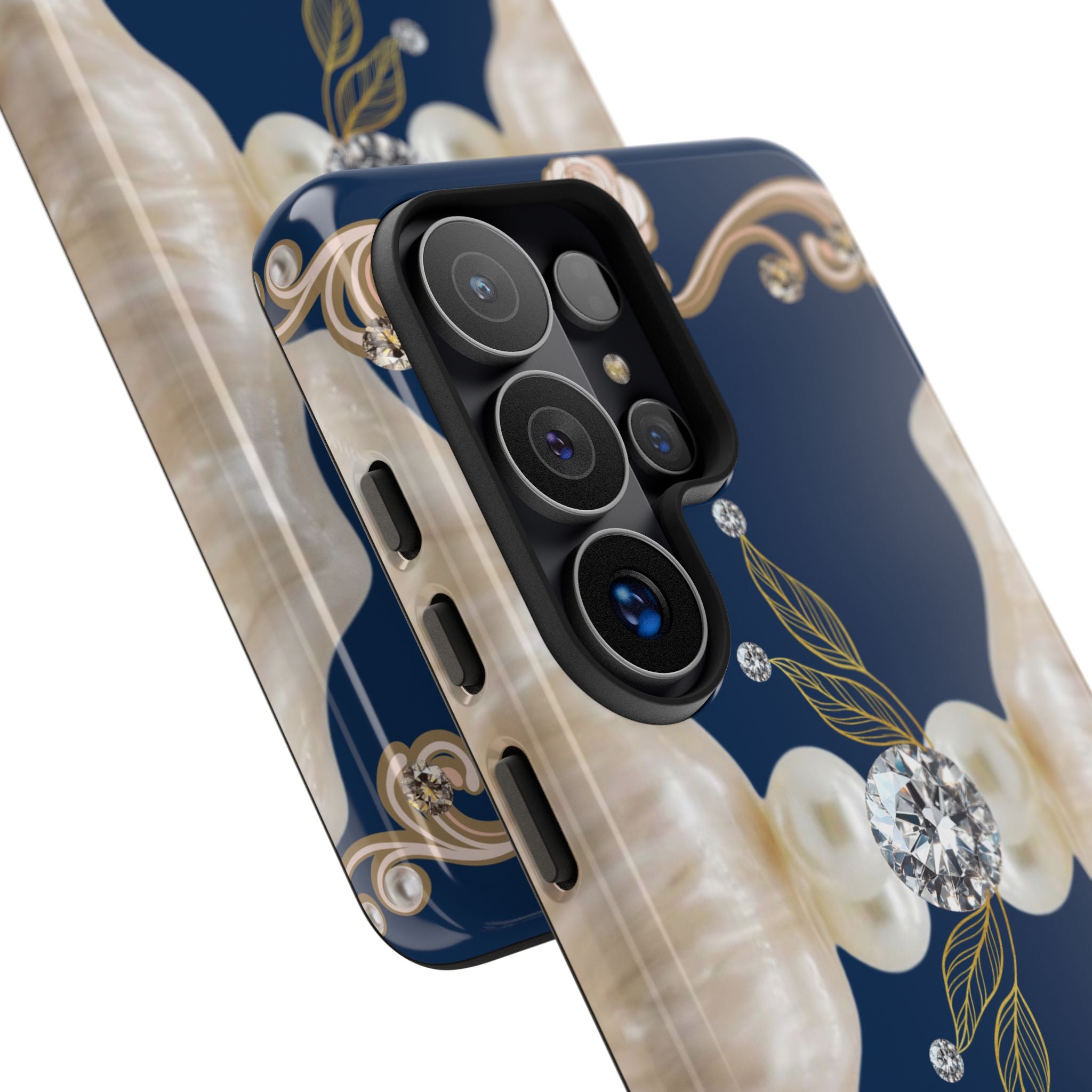 Navy Pearl & Diamond Phone Case — Elegant Floral Baroque Tough Case
