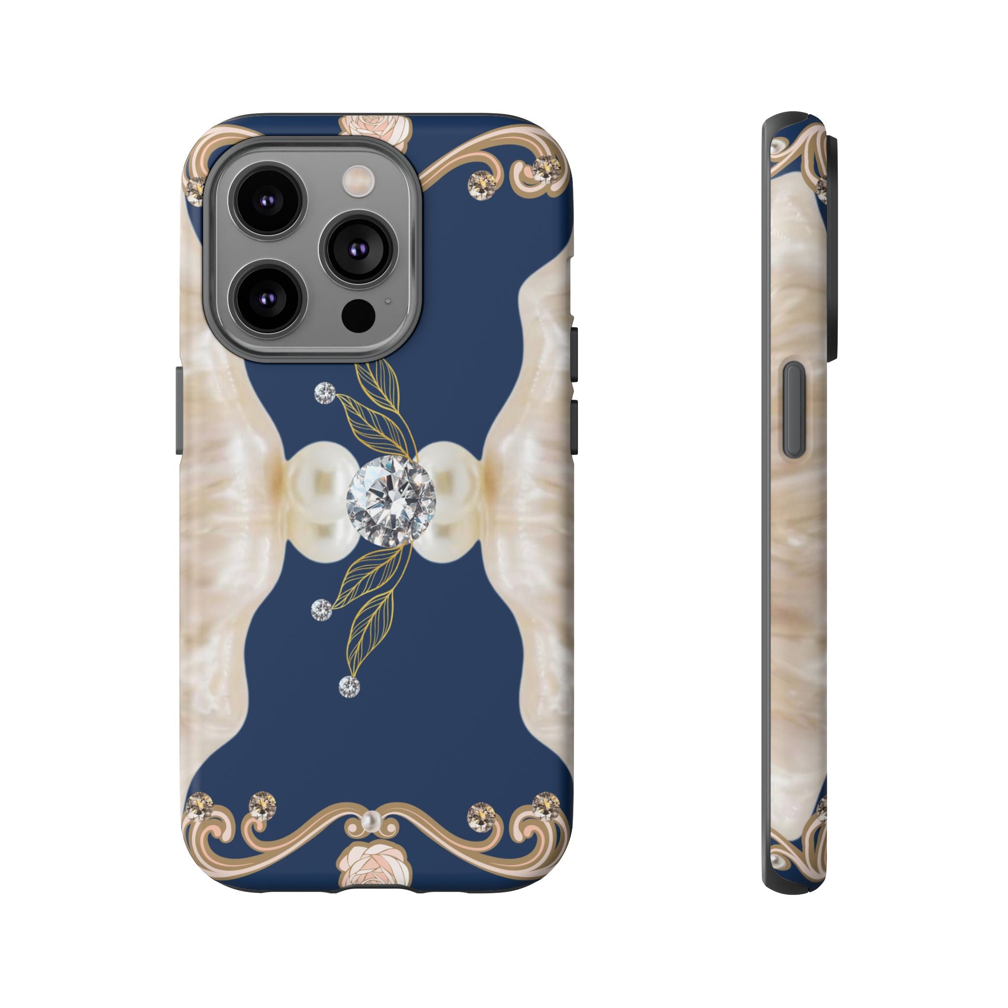 Navy Pearl & Diamond Phone Case — Elegant Floral Baroque Tough Case