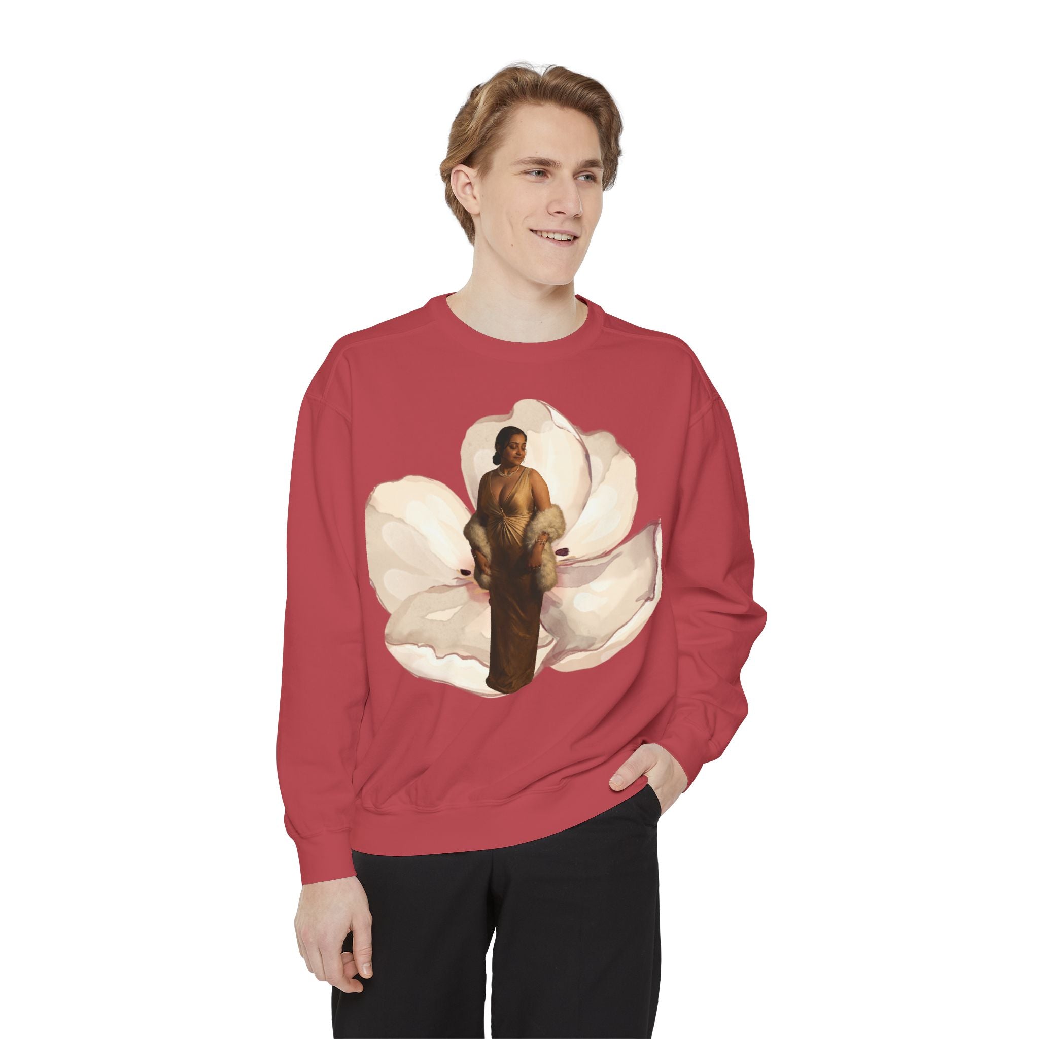 Floral Portrait Sweatshirt — Vintage Gold Frame Art Crewneck