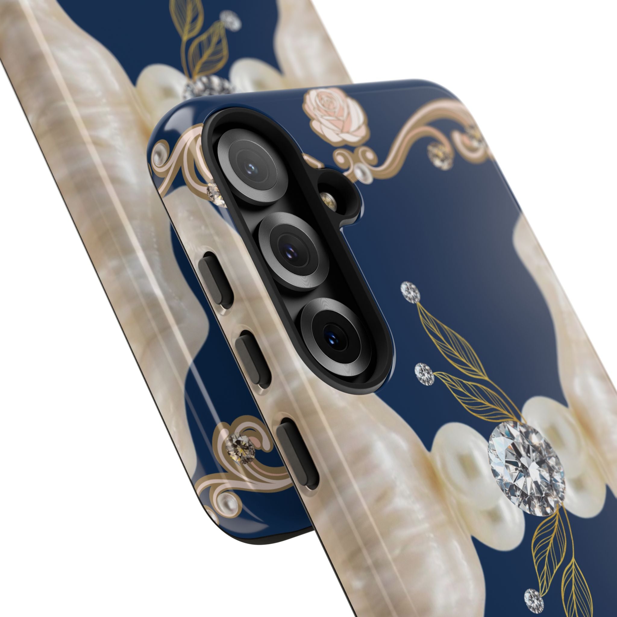 Navy Pearl & Diamond Phone Case — Elegant Floral Baroque Tough Case