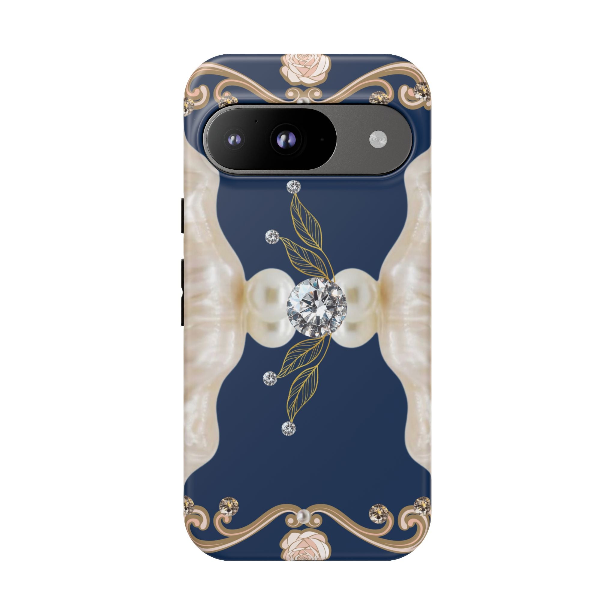 Navy Pearl & Diamond Phone Case — Elegant Floral Baroque Tough Case