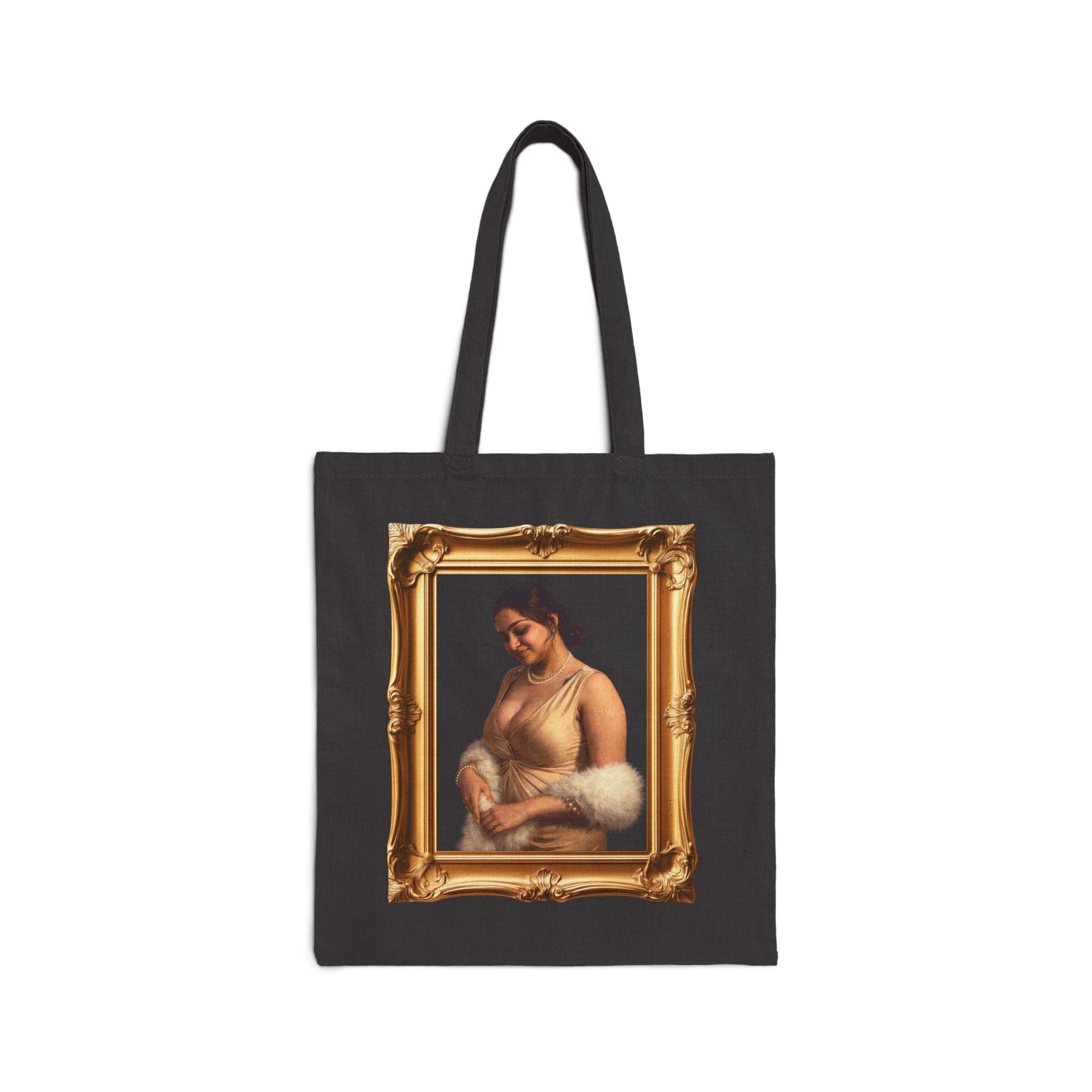 Art Frame Tote Bag — Vintage Portrait Canvas Tote with “Love, Dua Lipa” Script