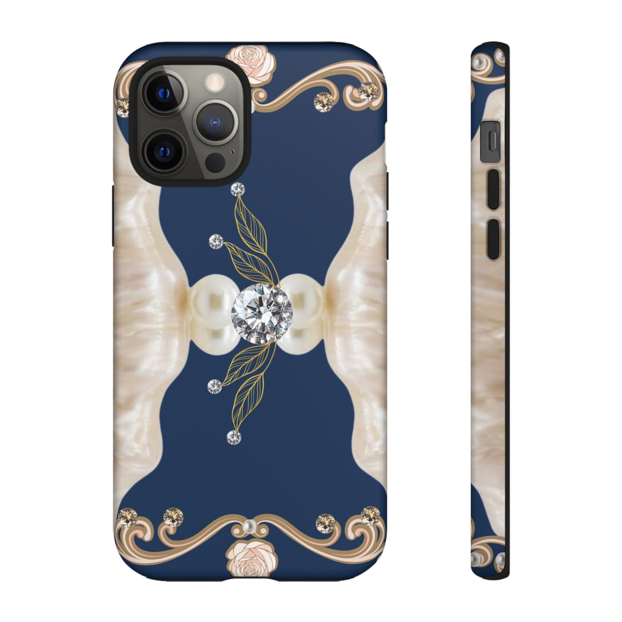 Navy Pearl & Diamond Phone Case — Elegant Floral Baroque Tough Case