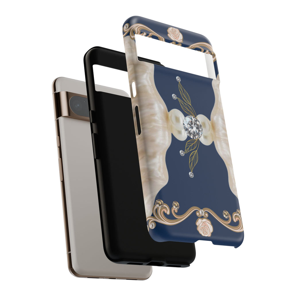 Navy Pearl & Diamond Phone Case — Elegant Floral Baroque Tough Case