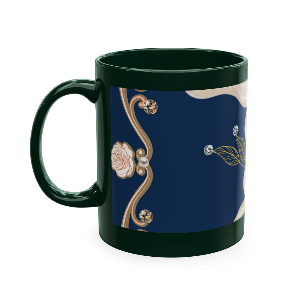 Pearl & Diamond Navy Ceramic Mug — Elegant Vintage Jewelry Design