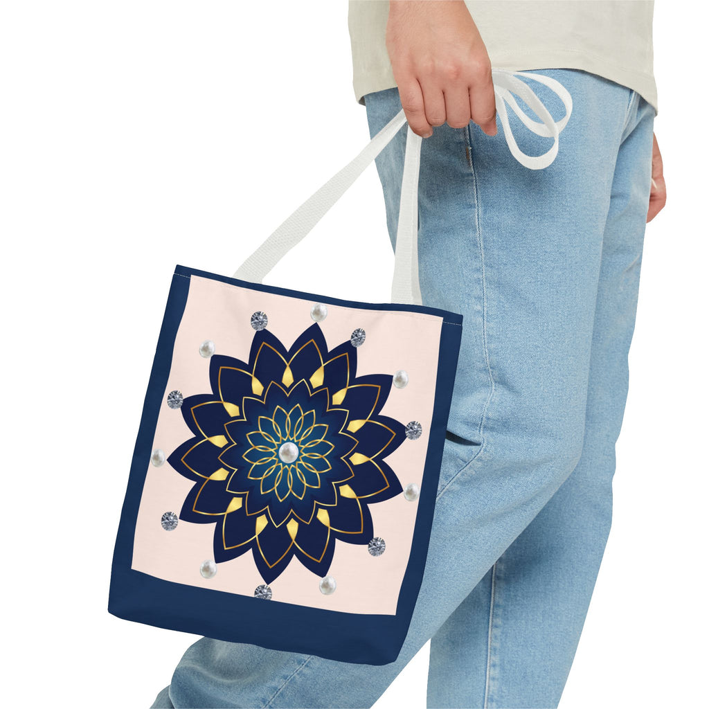 Mandala Floral Tote Bag — Navy 'Love, [Signature]' All-Over Print