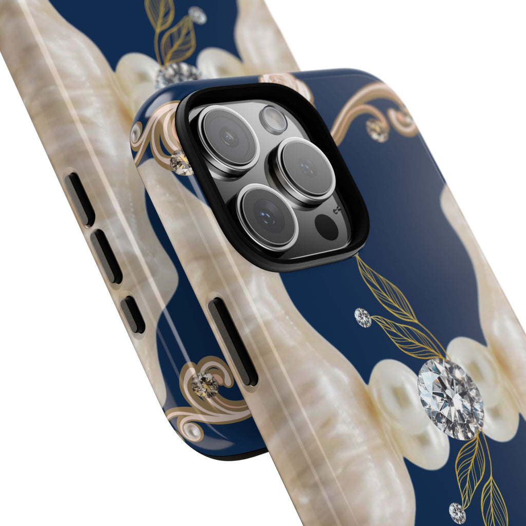 Navy Pearl & Diamond Phone Case — Elegant Floral Baroque Tough Case