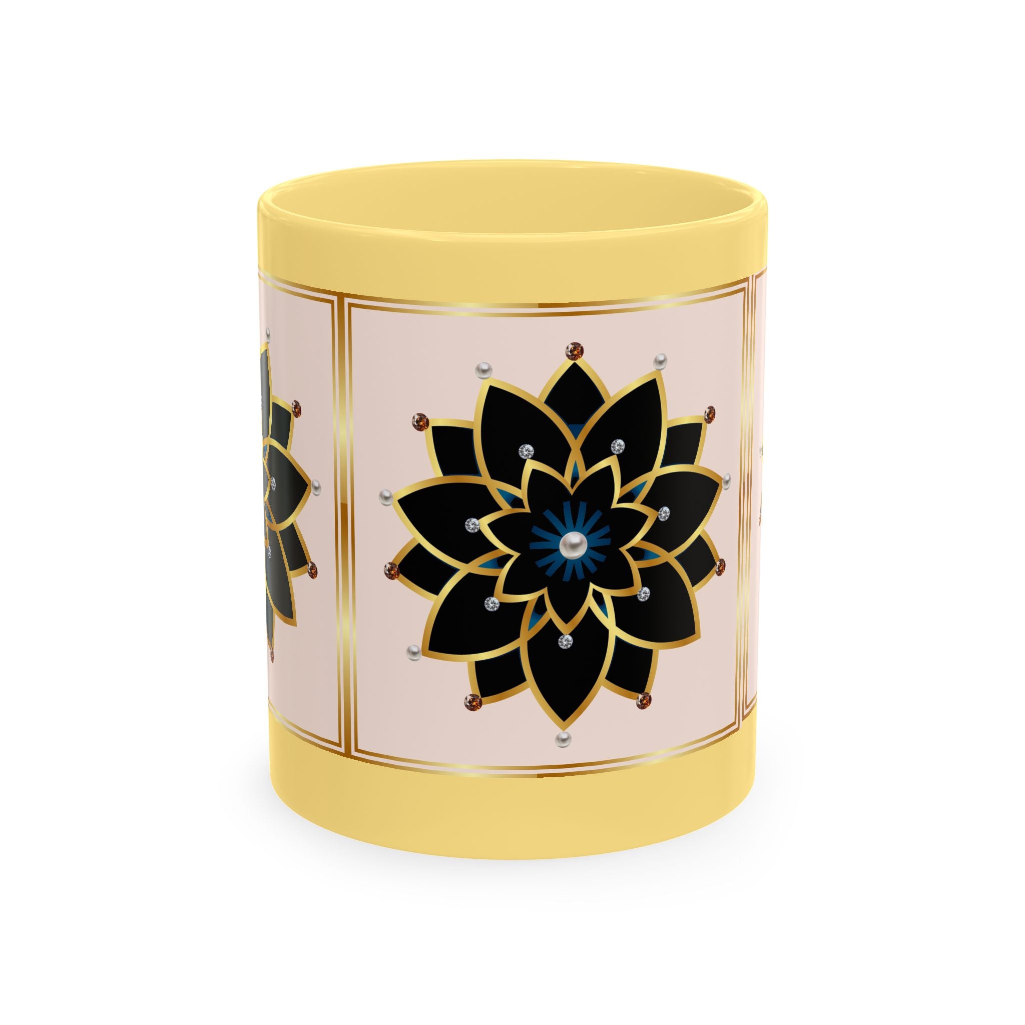 Ceramic Mug — Elegant Black & Gold Floral Mandala Design