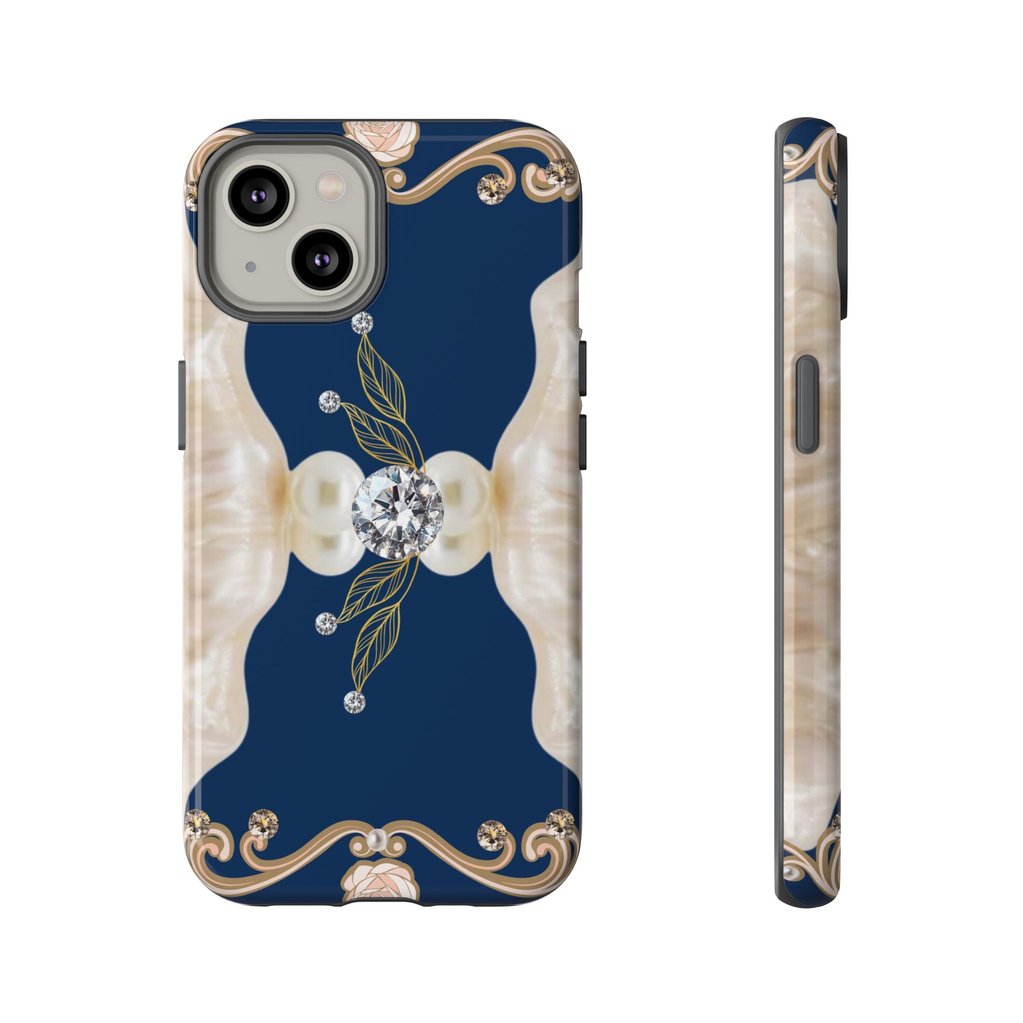 Navy Pearl & Diamond Phone Case — Elegant Floral Baroque Tough Case