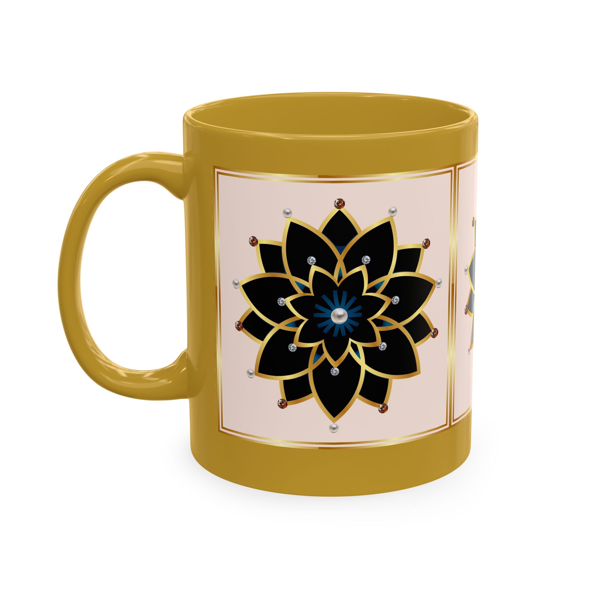 Ceramic Mug — Elegant Black & Gold Floral Mandala Design