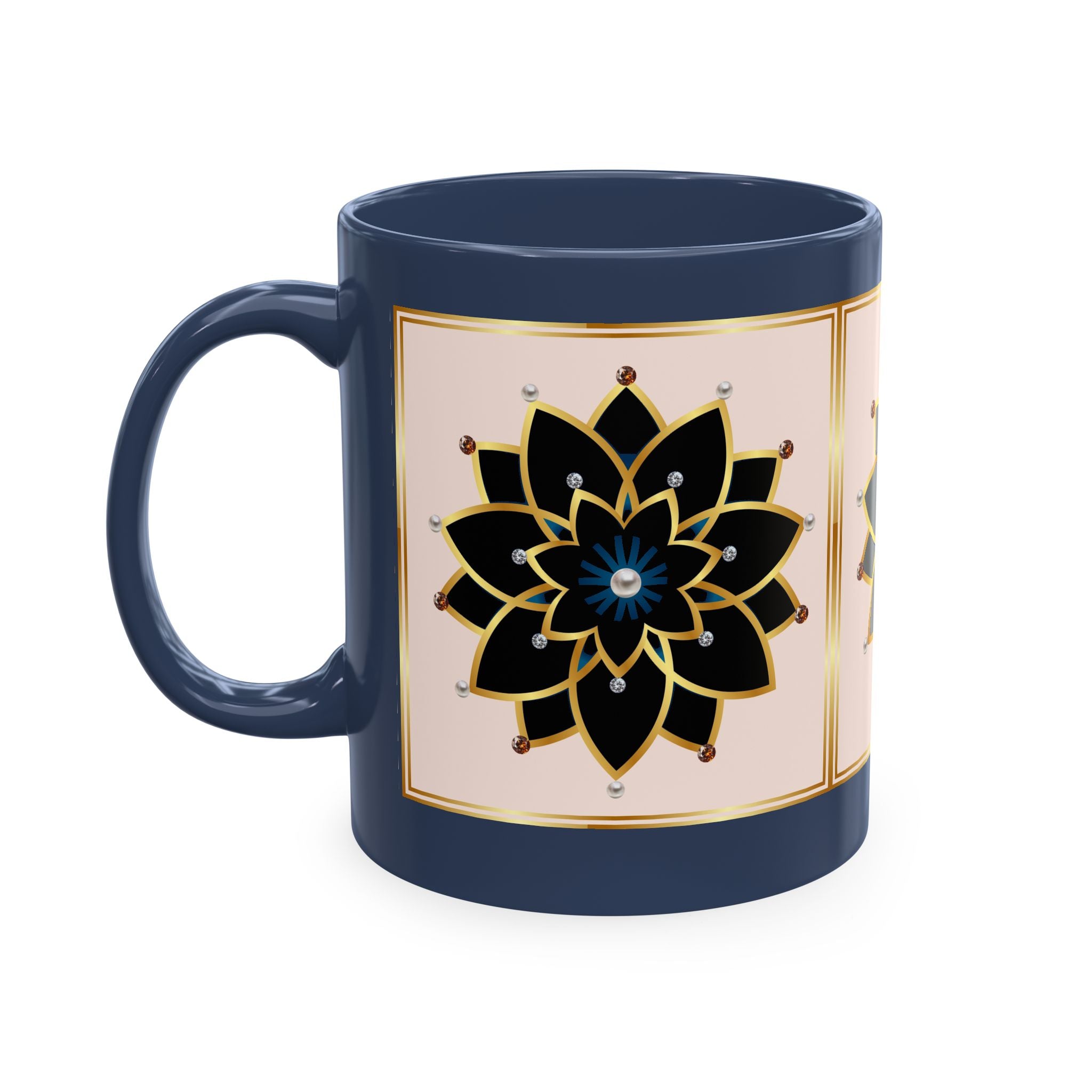 Ceramic Mug — Elegant Black & Gold Floral Mandala Design
