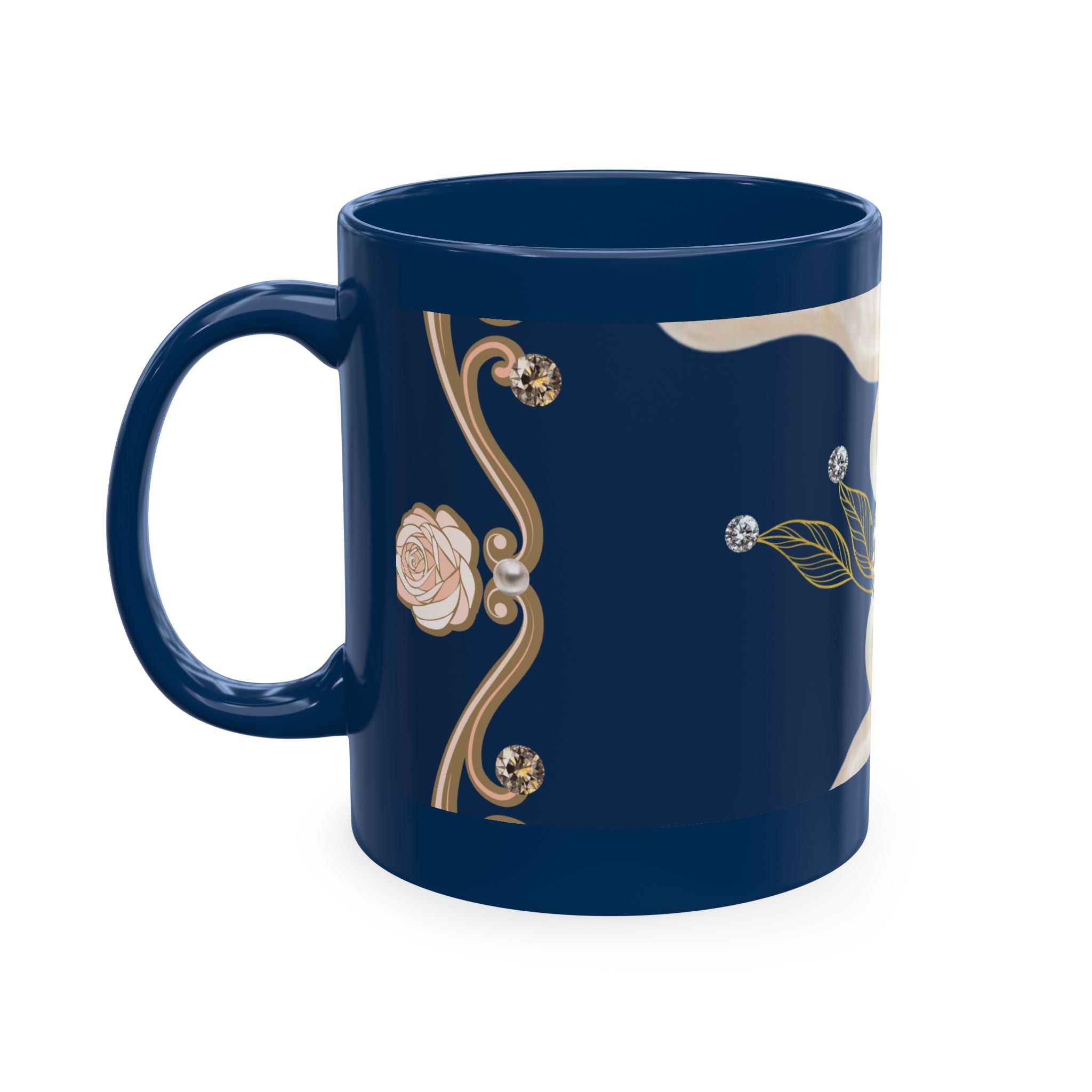 Pearl & Diamond Navy Ceramic Mug — Elegant Vintage Jewelry Design