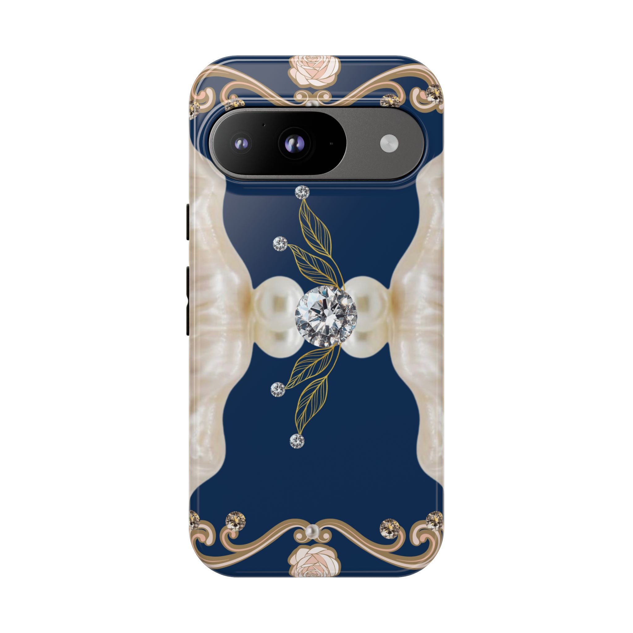 Navy Pearl & Diamond Phone Case — Elegant Floral Baroque Tough Case