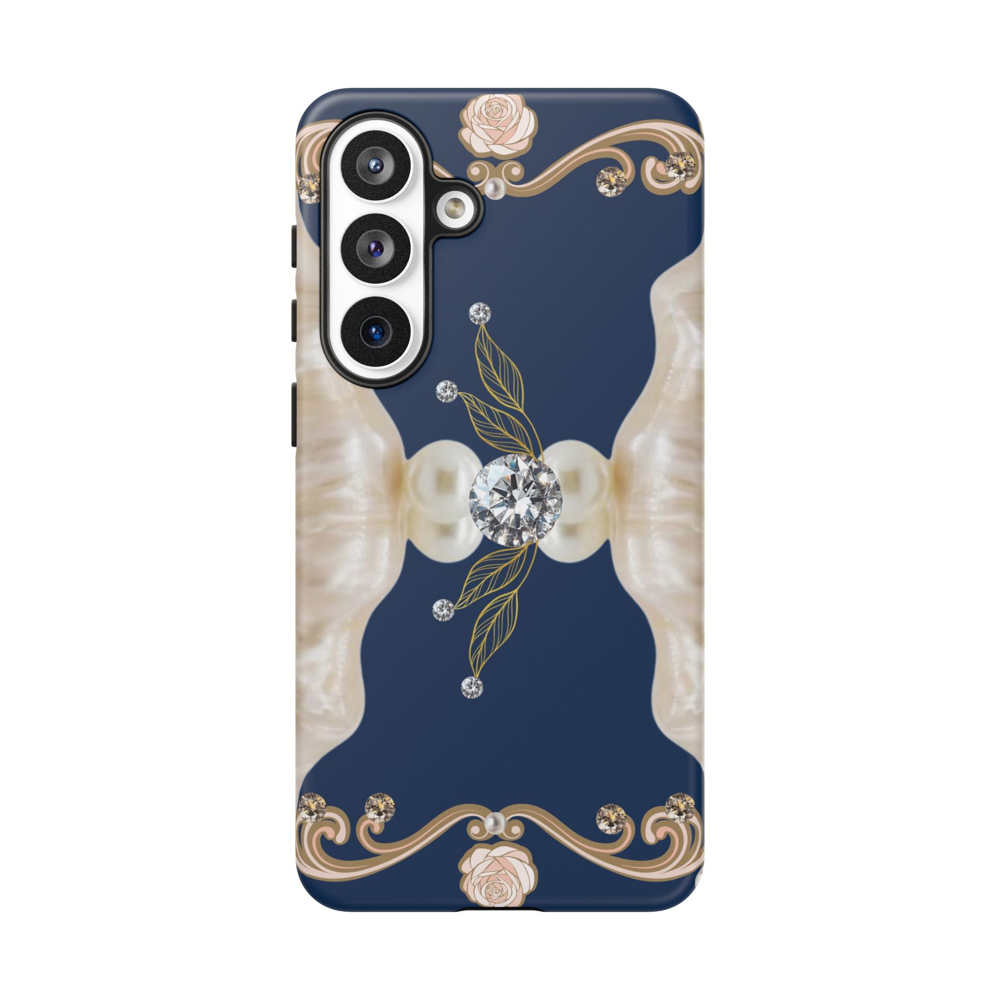Navy Pearl & Diamond Phone Case — Elegant Floral Baroque Tough Case
