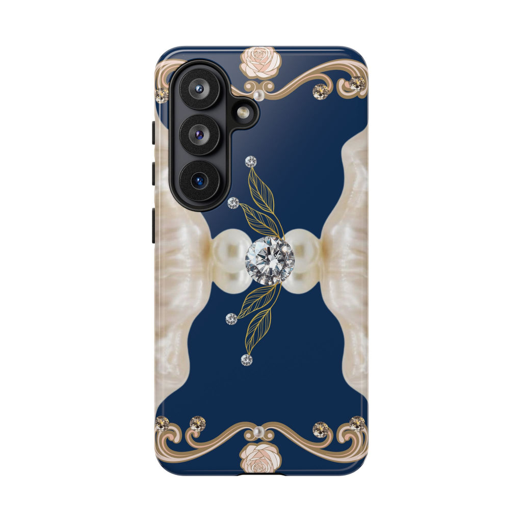 Navy Pearl & Diamond Phone Case — Elegant Floral Baroque Tough Case
