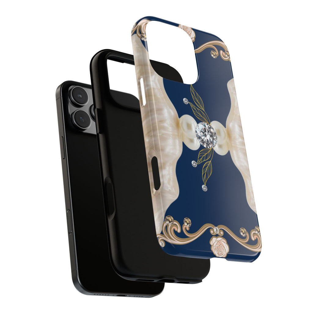 Navy Pearl & Diamond Phone Case — Elegant Floral Baroque Tough Case