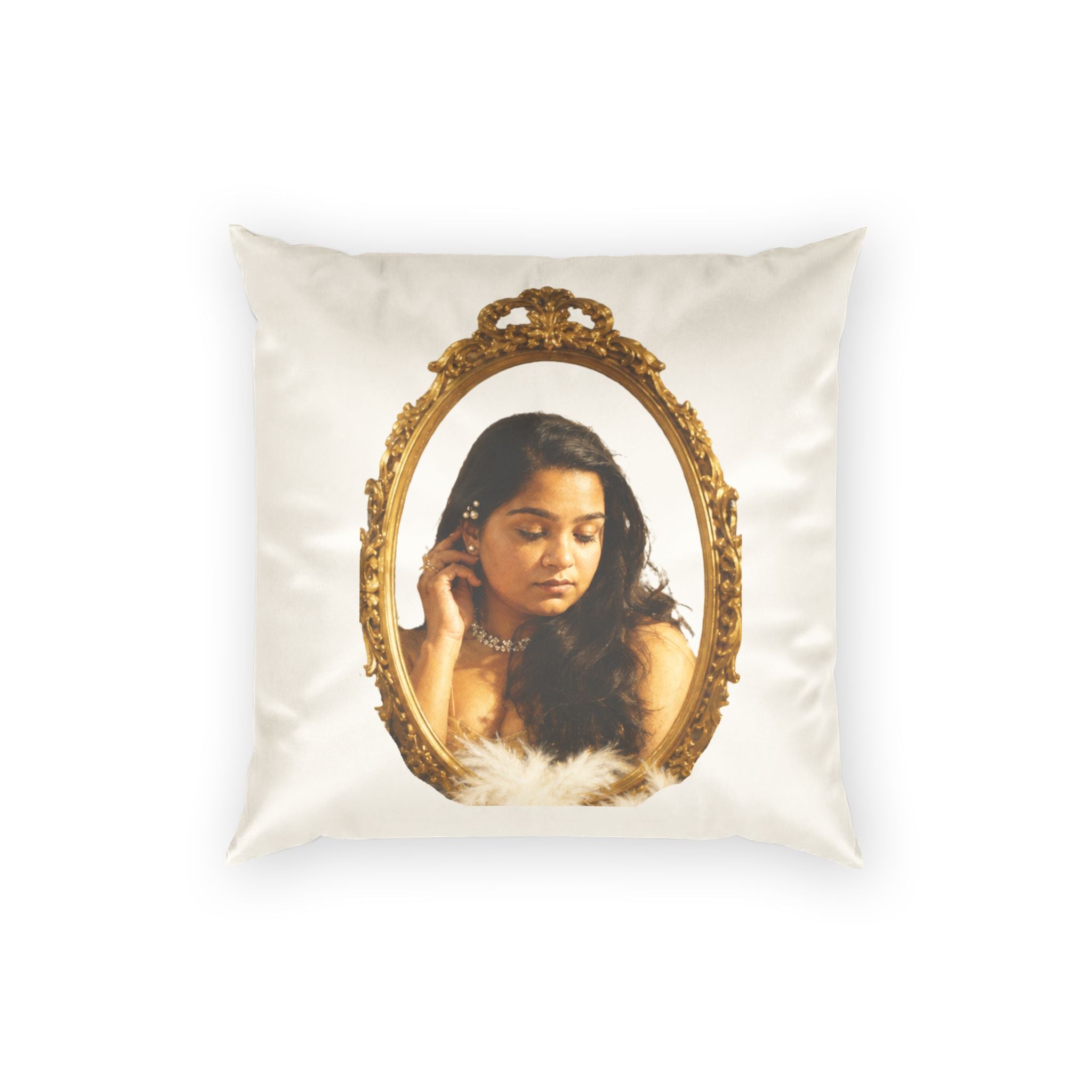 Vintage Portrait Velvet Pillow — Ornate Gold Frame Decorative Throw Pillow