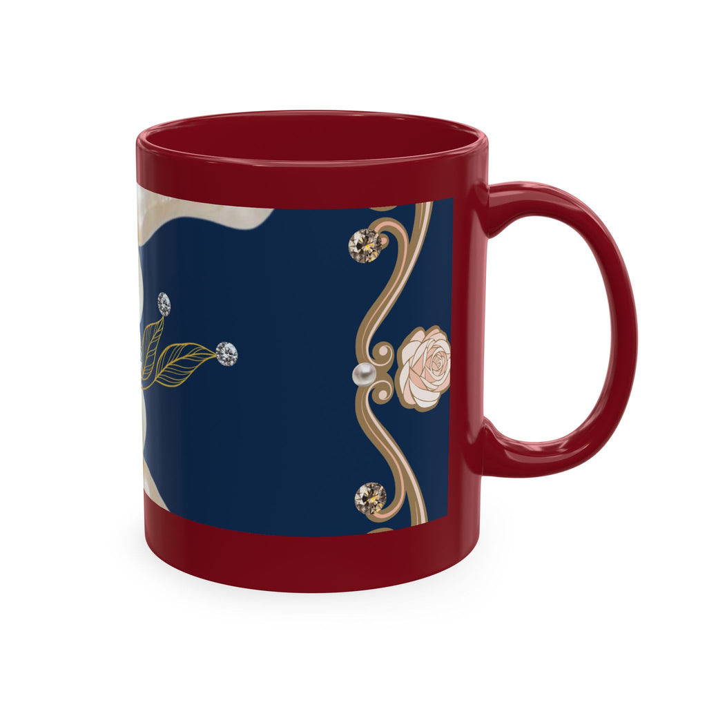 Pearl & Diamond Navy Ceramic Mug — Elegant Vintage Jewelry Design