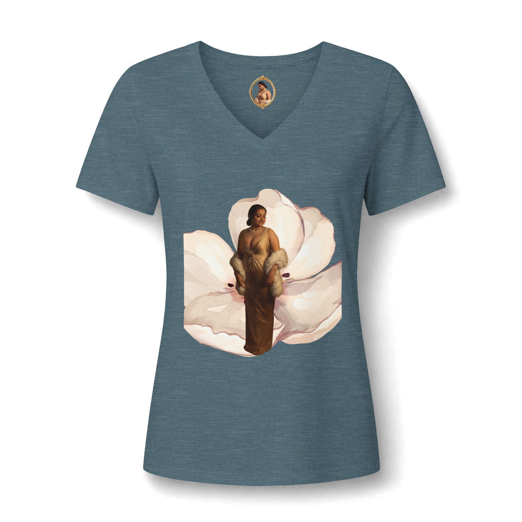 Floral Portrait V‑Neck Tee — Vintage Woman in Magnolia Print