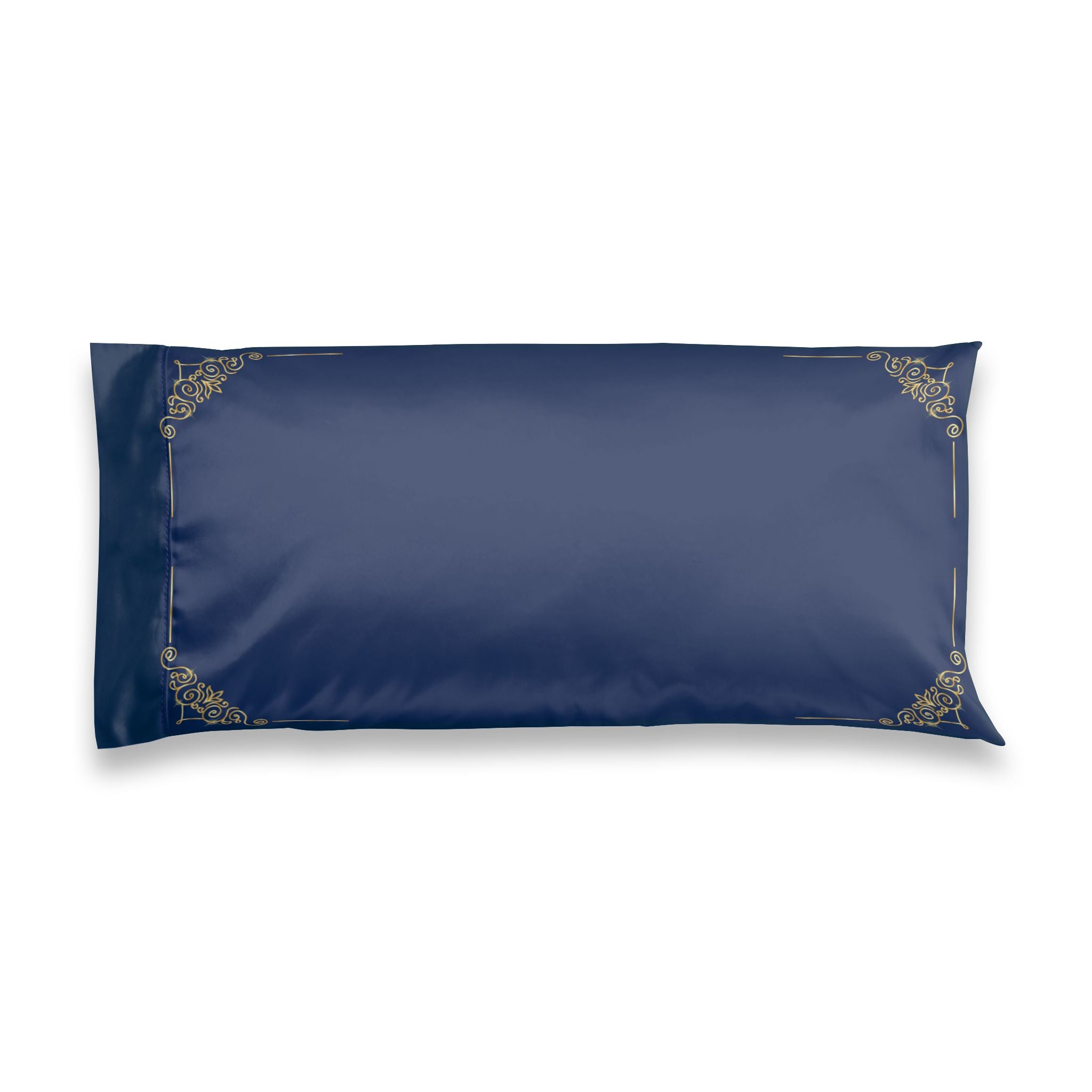 Satin Pillowcase — Navy Luxe Body Pillowcase with Gold Corner Filigree & "Love, Dream, Glow" Script