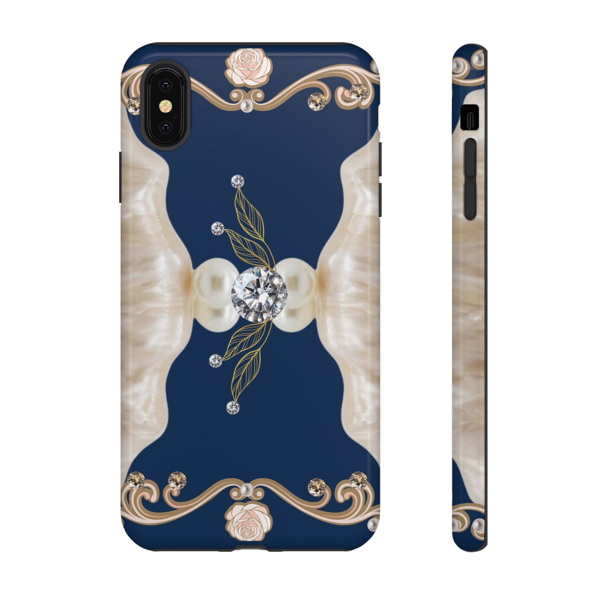 Navy Pearl & Diamond Phone Case — Elegant Floral Baroque Tough Case