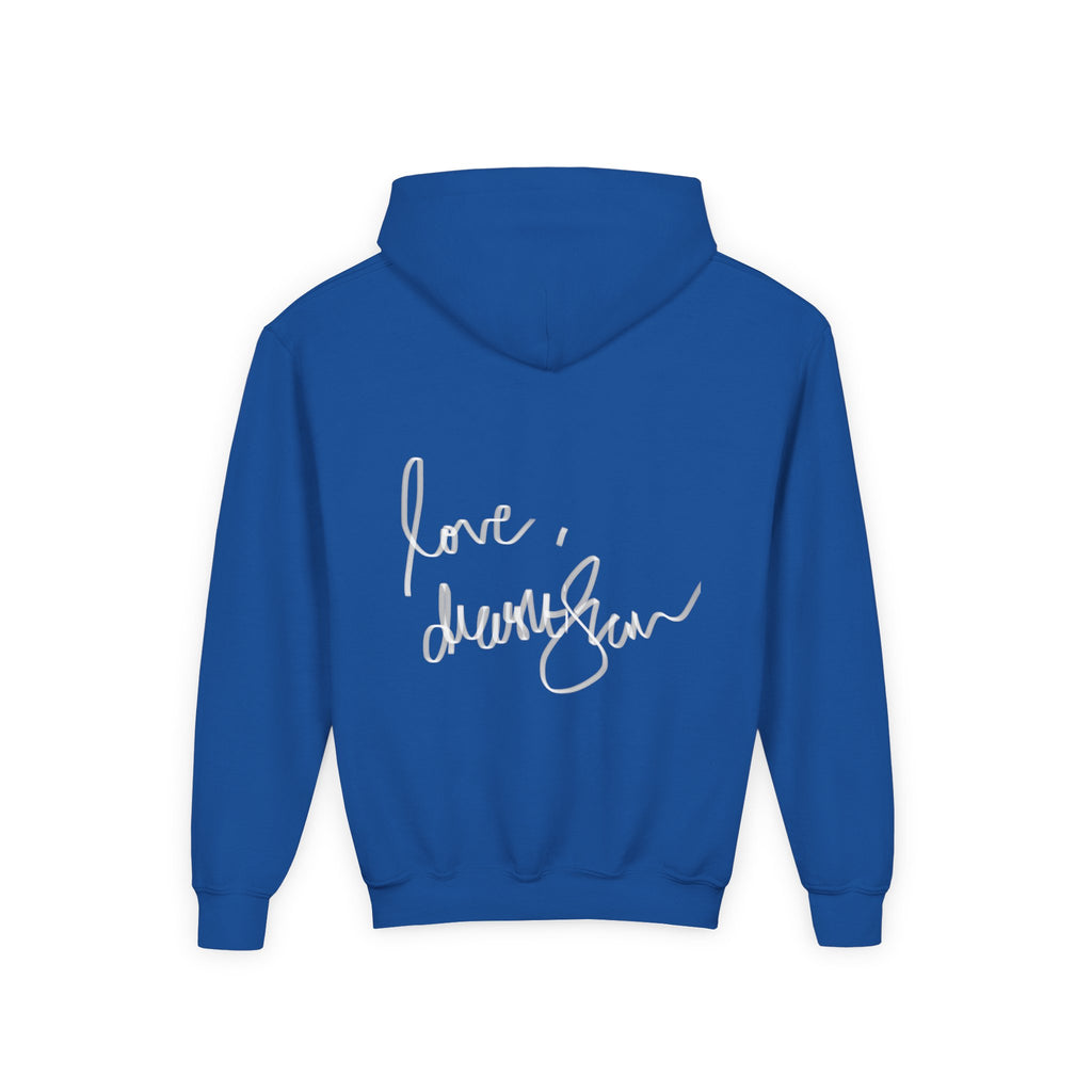 Youth Hoodie — Vintage Dancer Floral Graphic with “We Will Be Home” Back Script