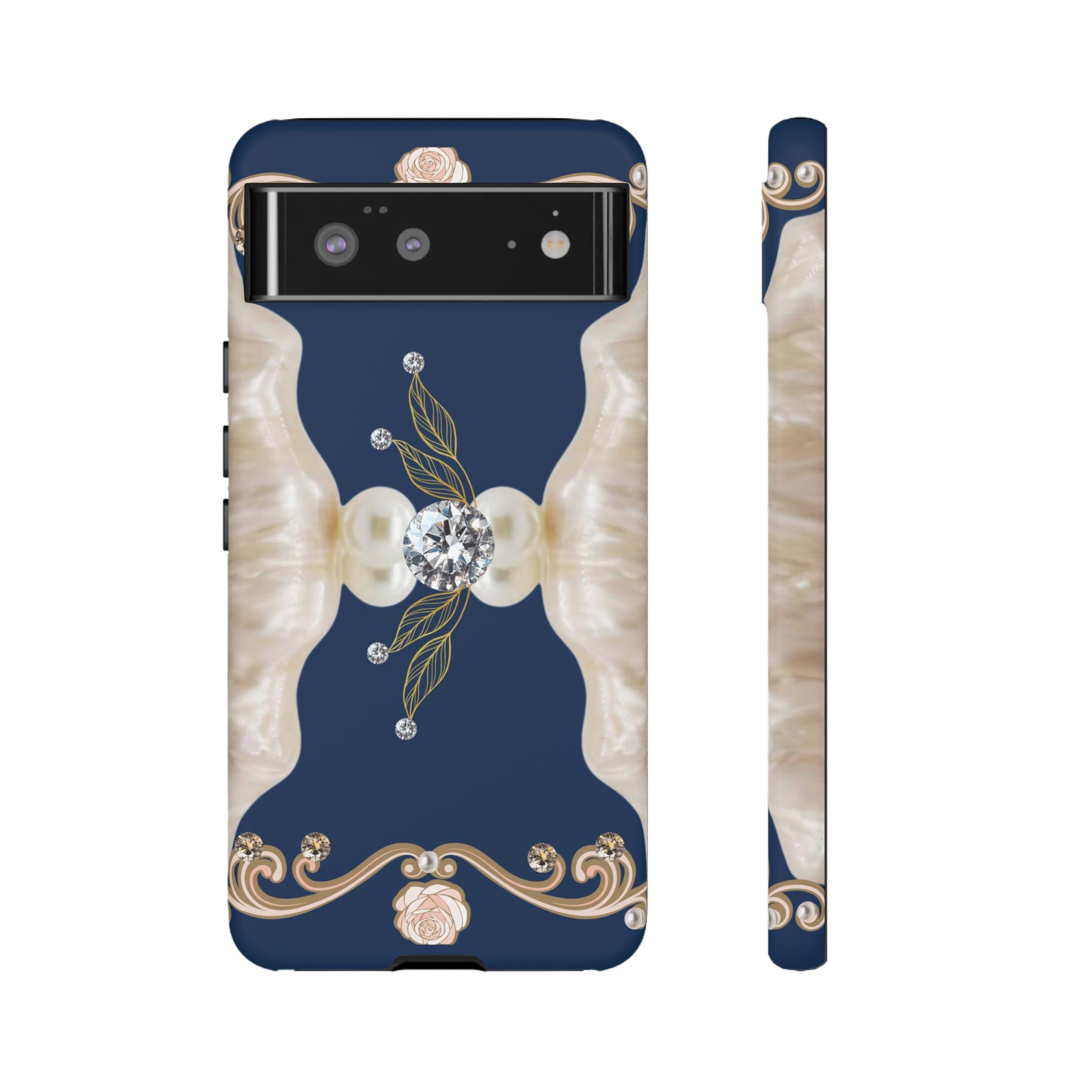 Navy Pearl & Diamond Phone Case — Elegant Floral Baroque Tough Case