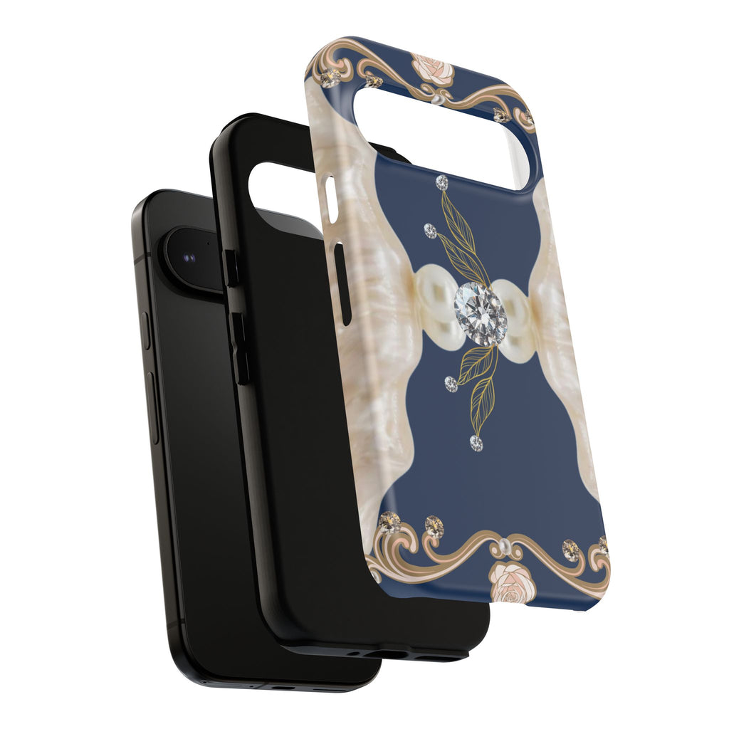 Navy Pearl & Diamond Phone Case — Elegant Floral Baroque Tough Case
