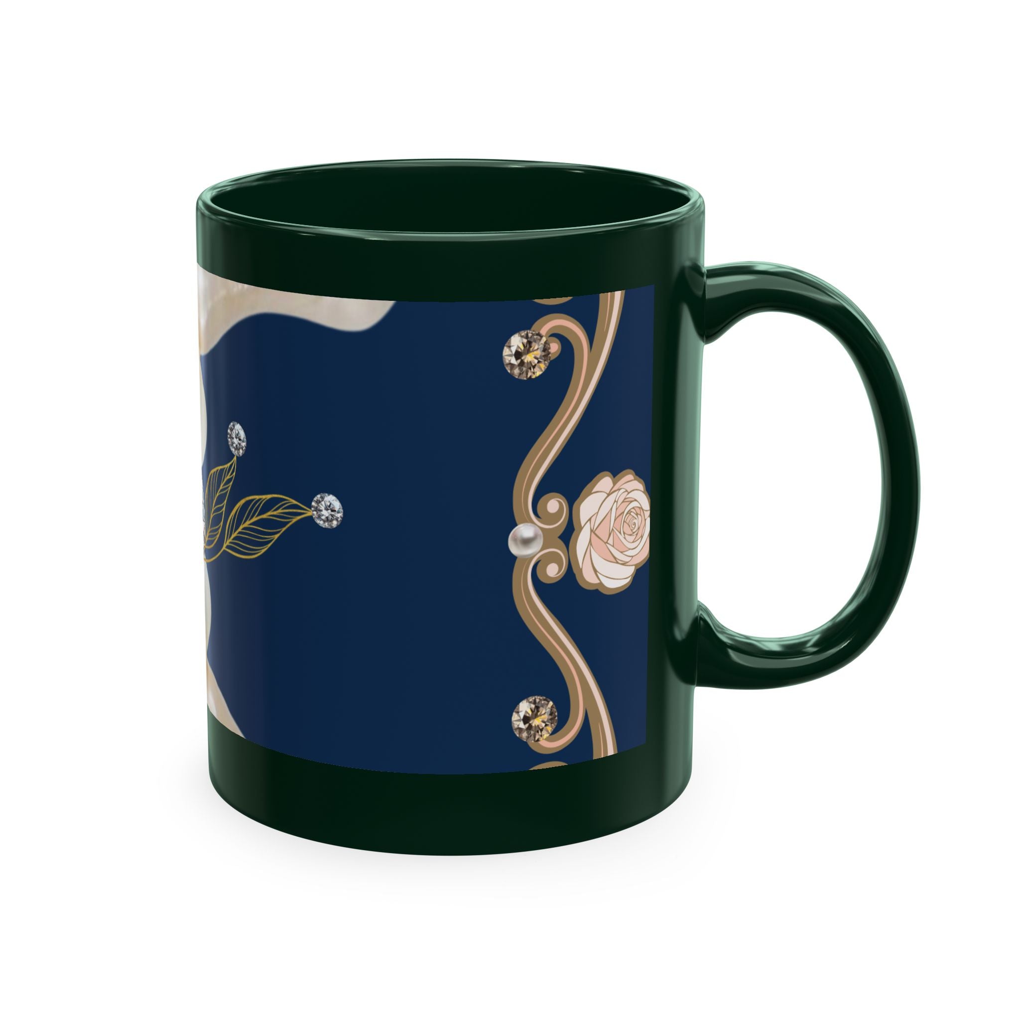 Pearl & Diamond Navy Ceramic Mug — Elegant Vintage Jewelry Design