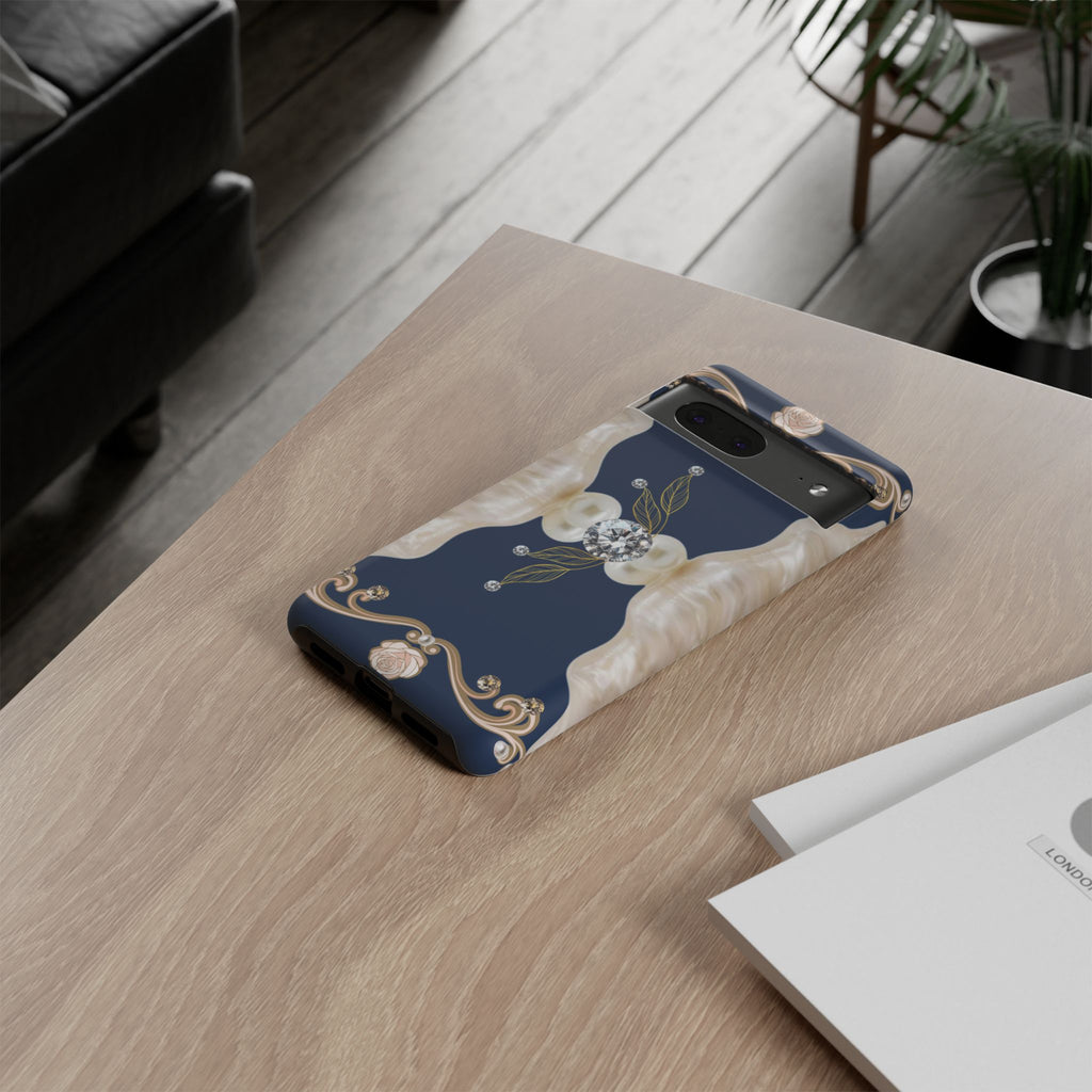Navy Pearl & Diamond Phone Case — Elegant Floral Baroque Tough Case