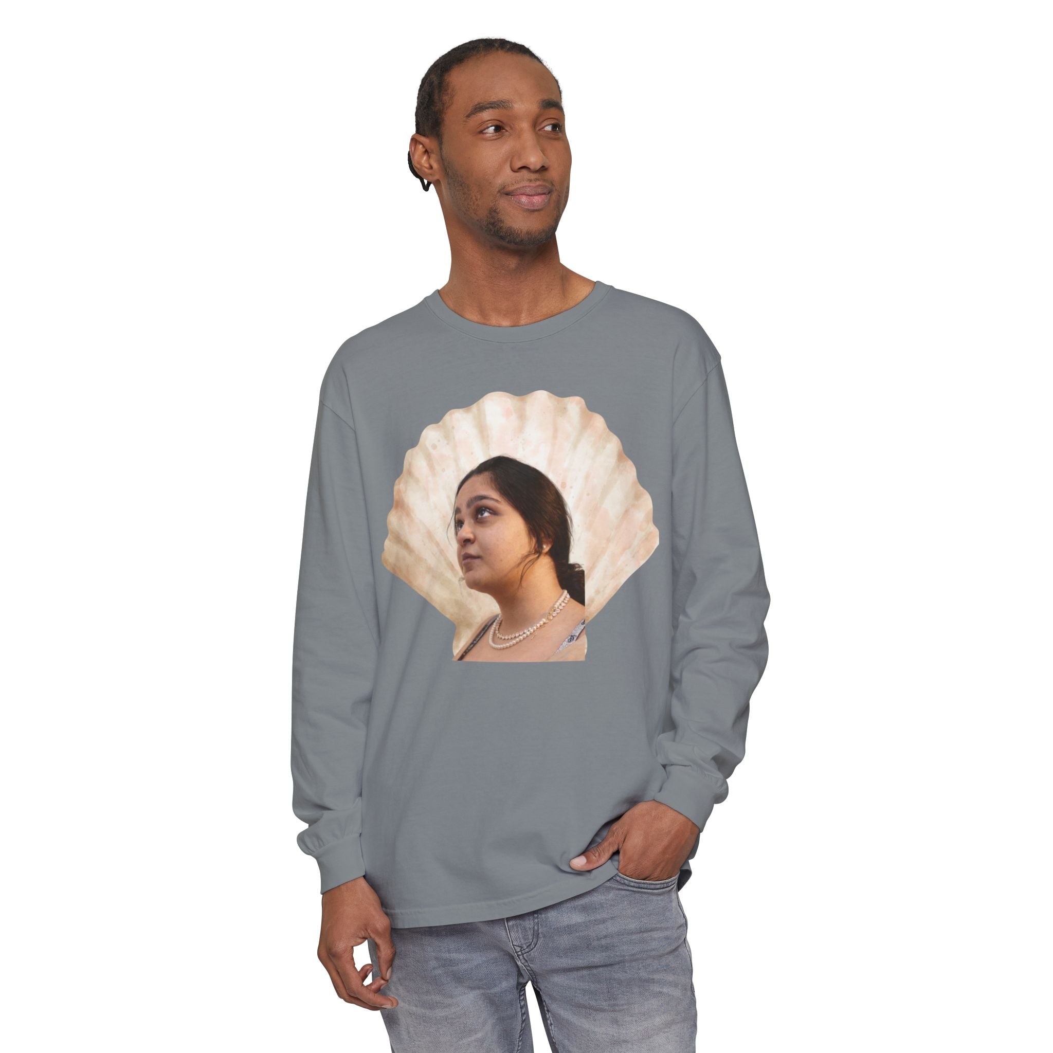 Shell Portrait Long Sleeve Tee — “We Will Be Home” Back Script