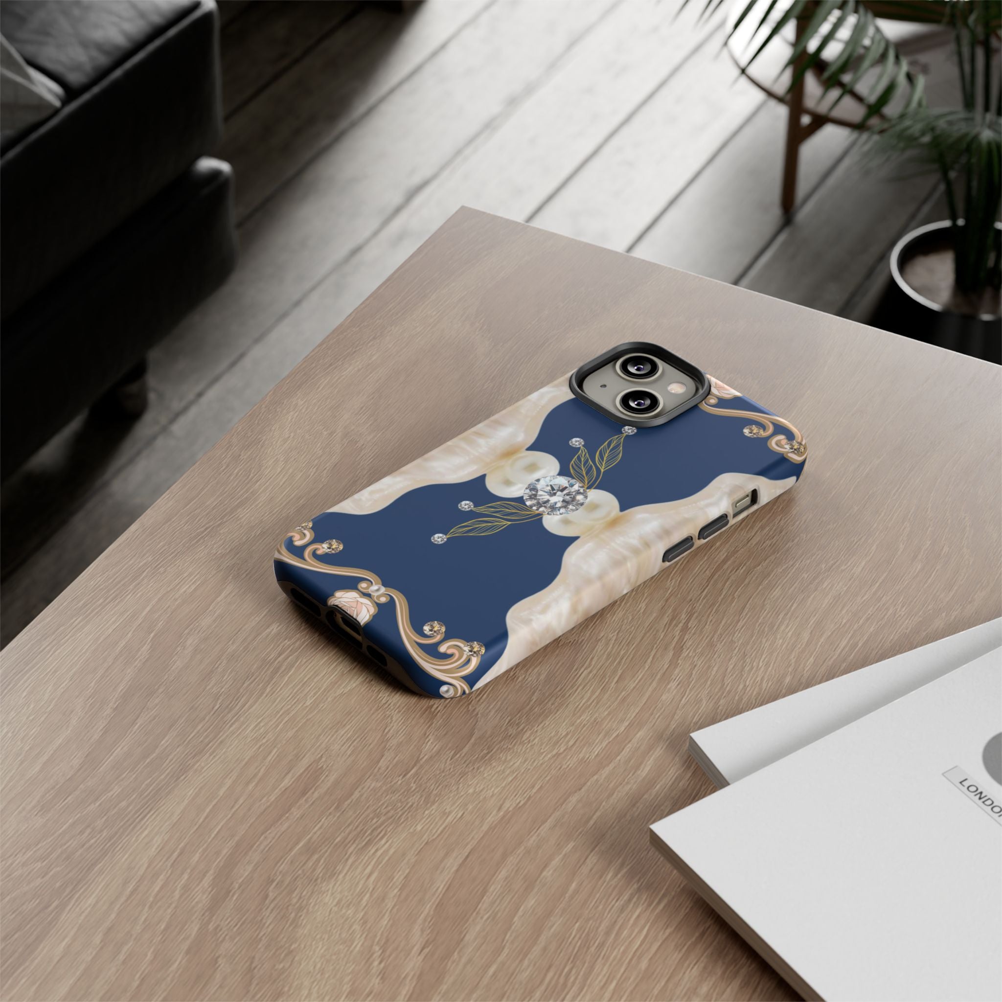Navy Pearl & Diamond Phone Case — Elegant Floral Baroque Tough Case
