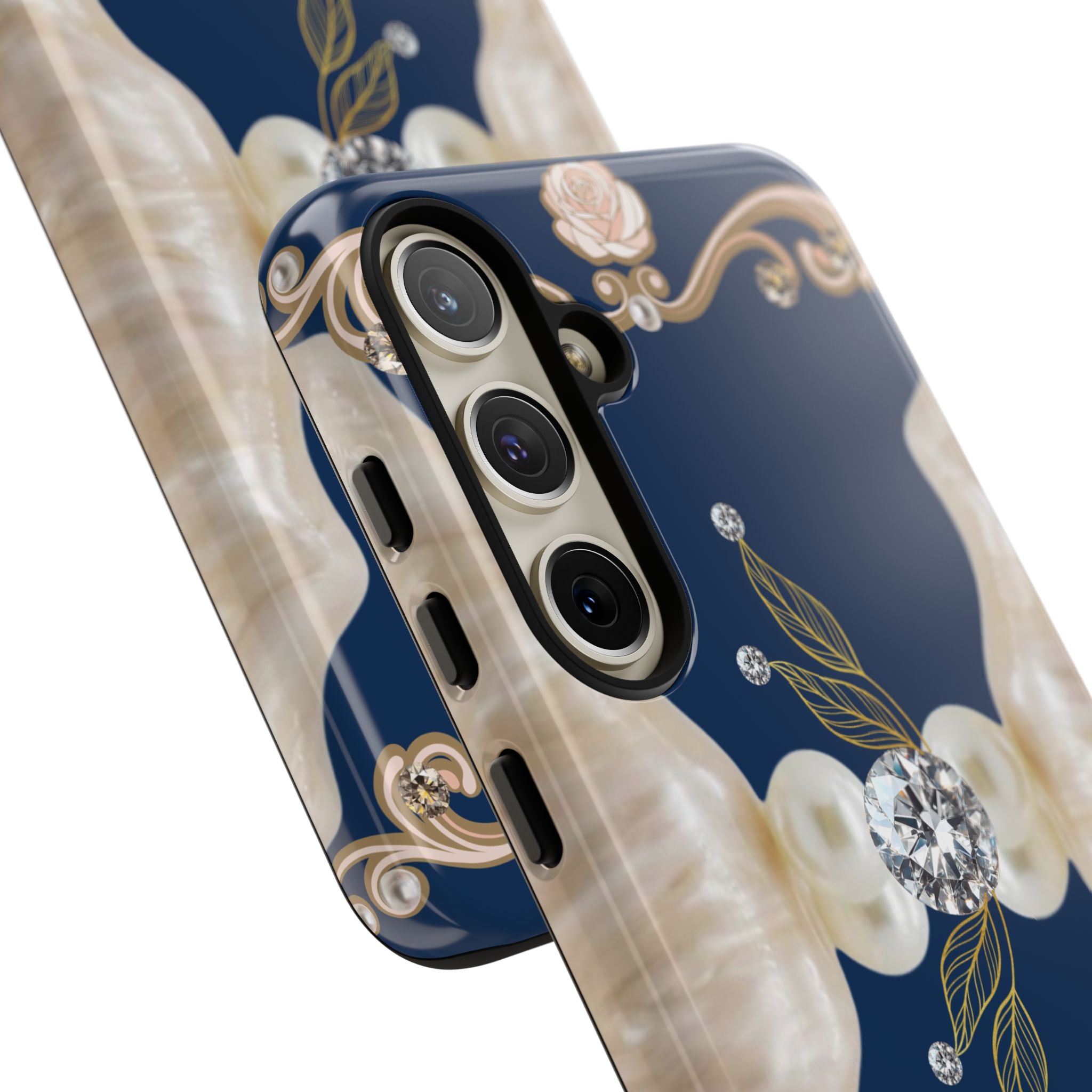 Navy Pearl & Diamond Phone Case — Elegant Floral Baroque Tough Case