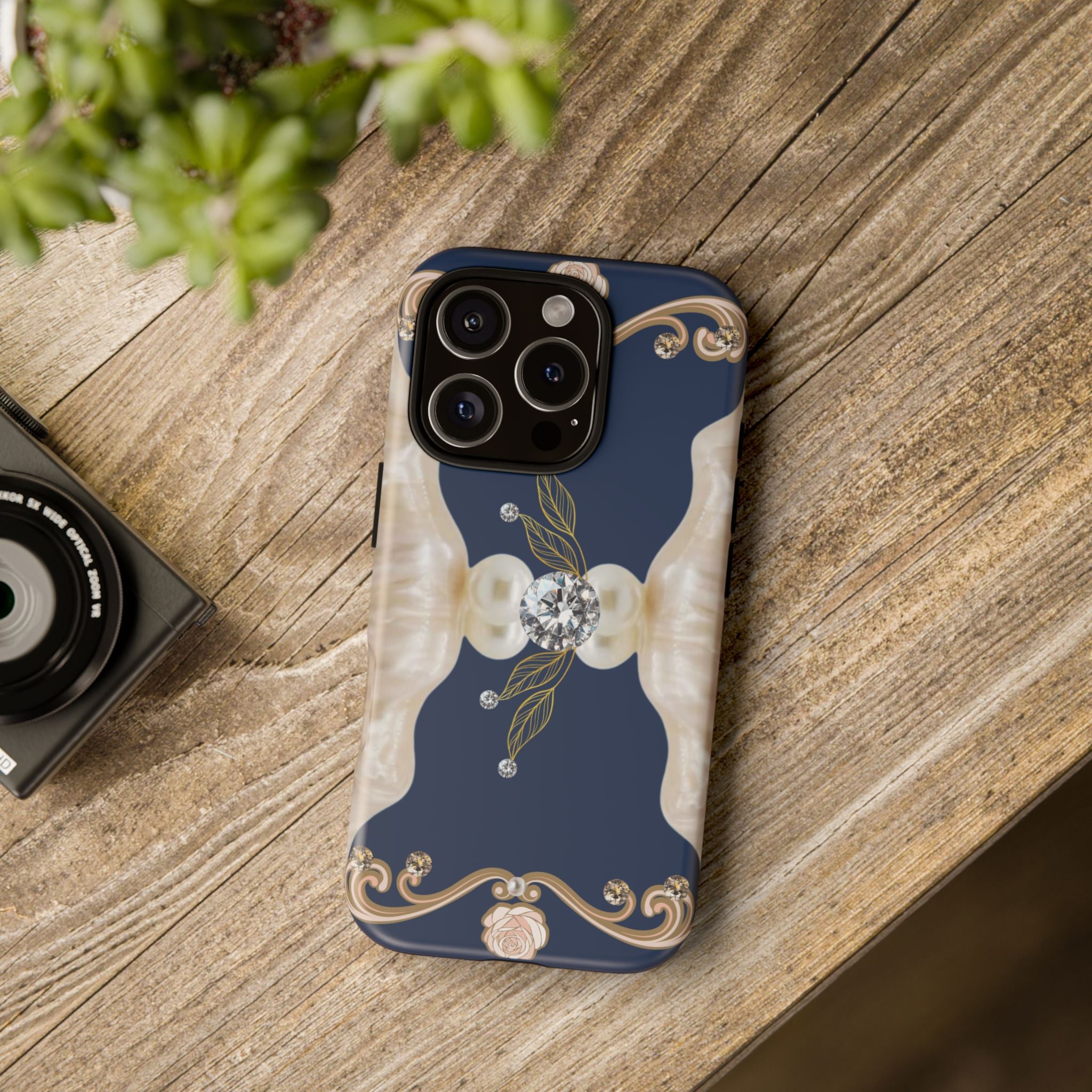 Navy Pearl & Diamond Phone Case — Elegant Floral Baroque Tough Case