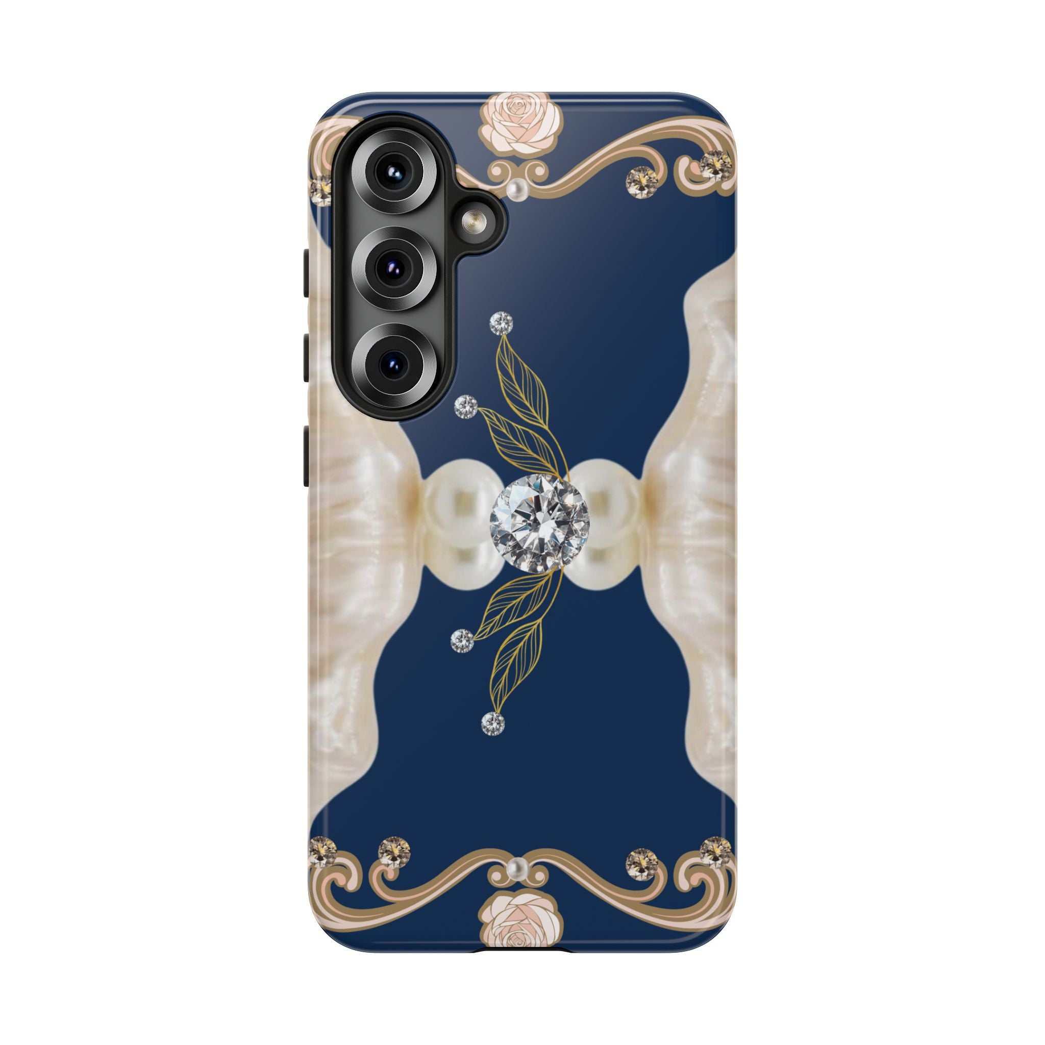 Navy Pearl & Diamond Phone Case — Elegant Floral Baroque Tough Case
