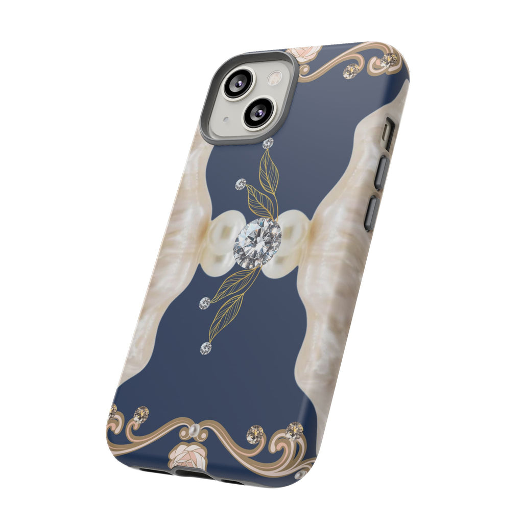 Navy Pearl & Diamond Phone Case — Elegant Floral Baroque Tough Case